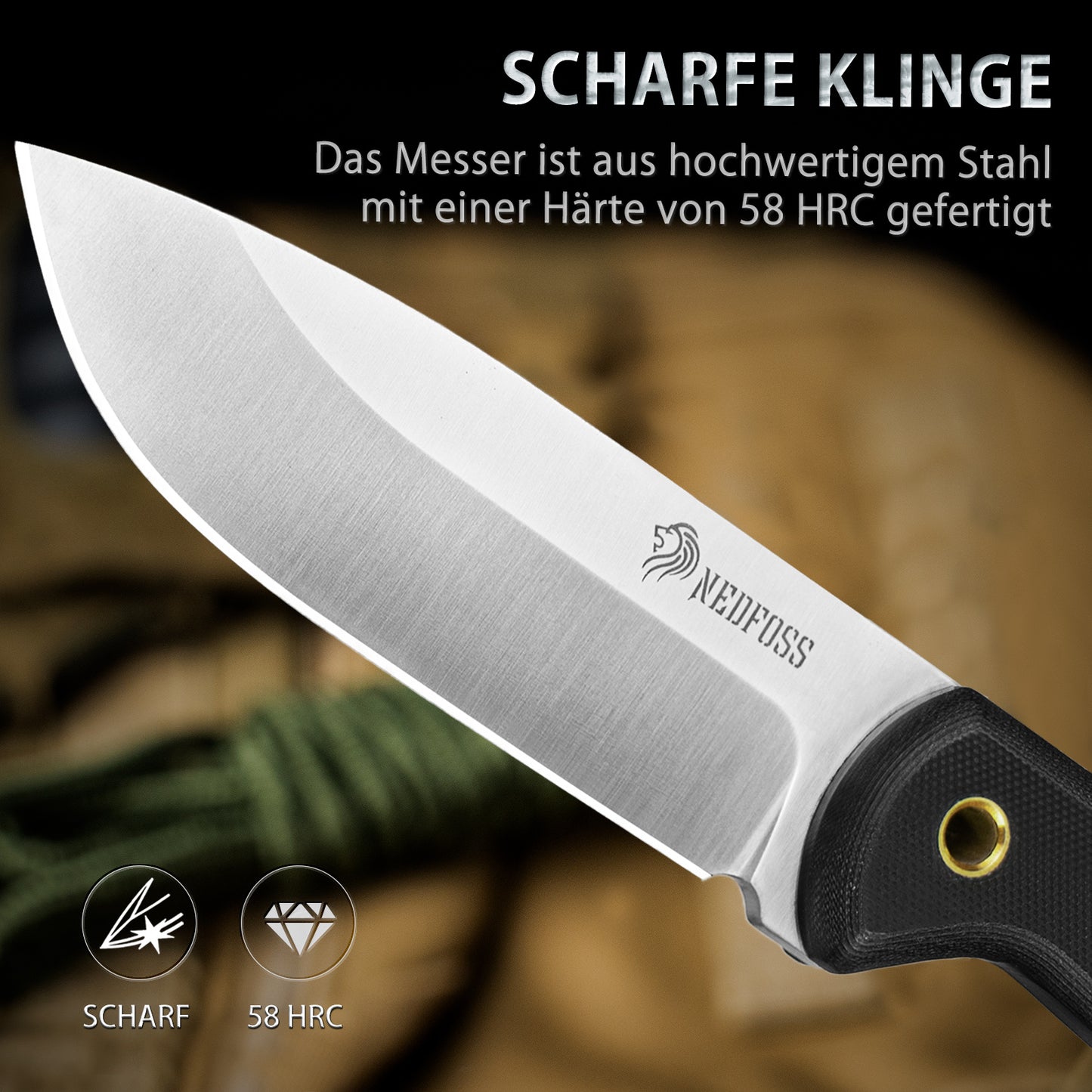 NedFoss SEAL Outdoor Messer, 10.4cm Full Tang Survival Messer mit mit Kydex Holster