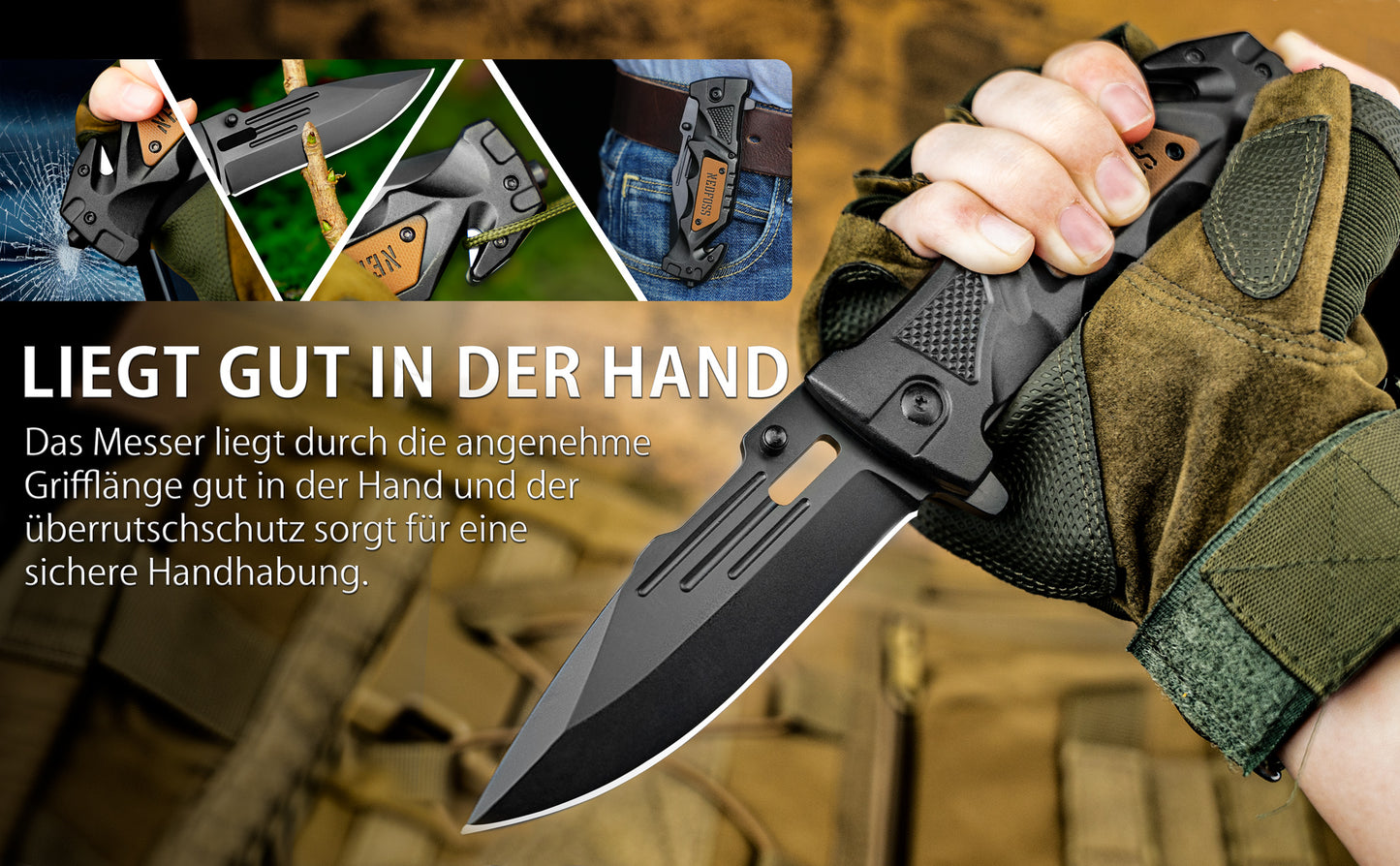 NedFoss DA75 Klappmesser - 3 IN 1 Taschenmesser mit Glasbrecher und Gurtschneider, Einhandmesser, Rettungsmesser, Überlebensmesser, Vielseitiges Survival Messer