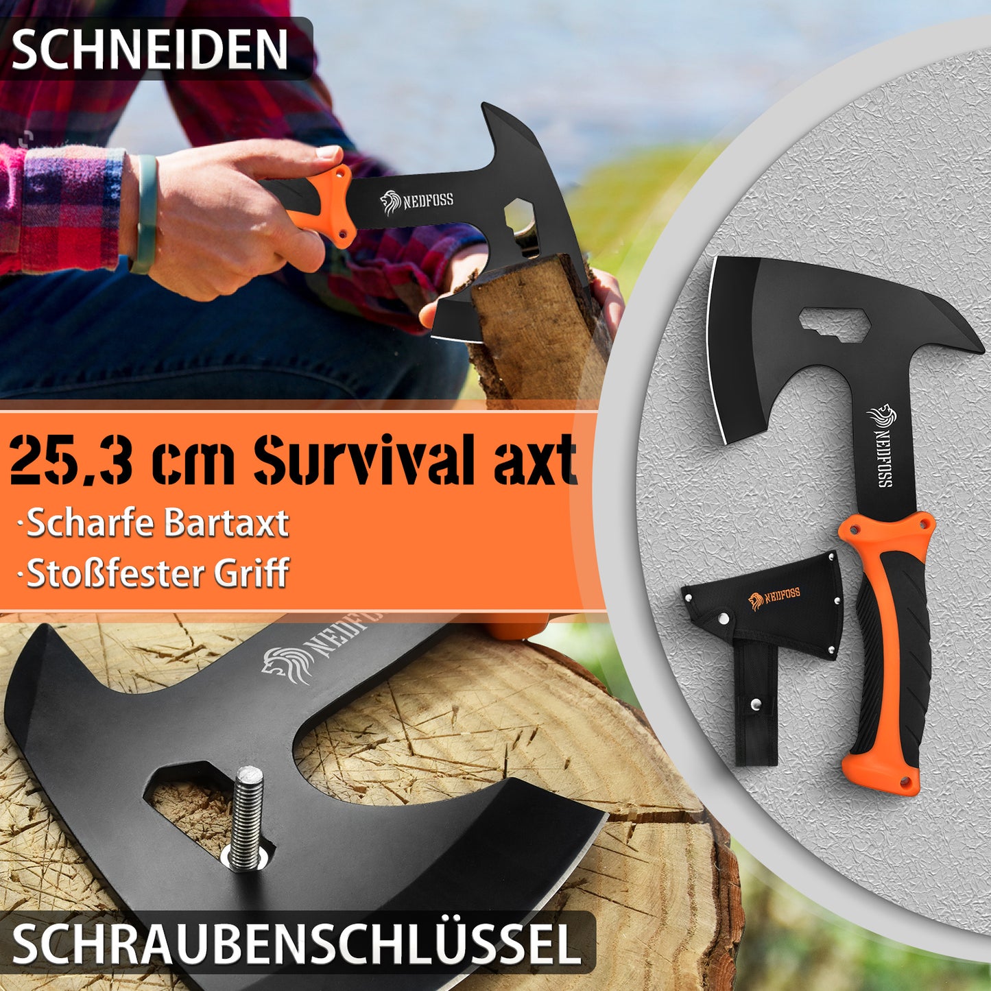 NedFoss JUNGLE AXES SET 3er Survival Outdoor Messer Set, Camping Messer Set inkl. Camping Axt & Outdoor Messer & Gürtelmesser