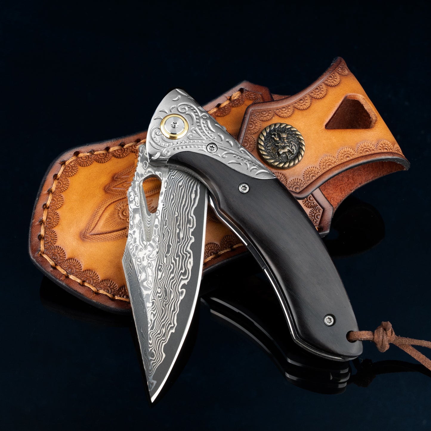 NedFoss GRIFFIN Damast Taschenmesser und Holzgriff, Damast Klappmesser mit Scheide, scharfes Jagdmesser, Geschenk Messer für Männer oder Frauen