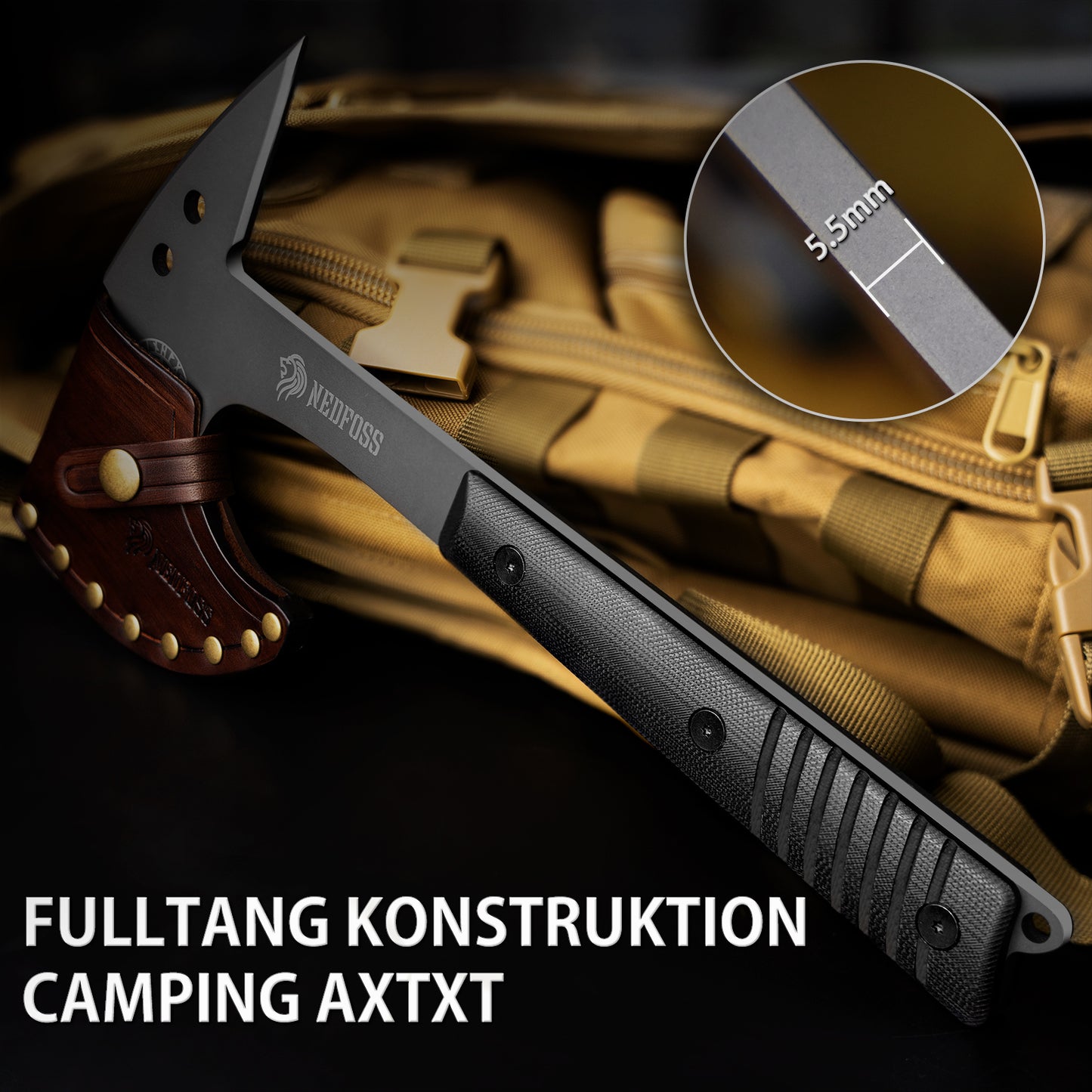 NedFoss EAGLE Tactical Axt, Scharfe Full Tang Outdoor Axt mit Scheide, Gute Buschausrüstung, Camping Axt mit G10 Griff, Bushcraft Axt