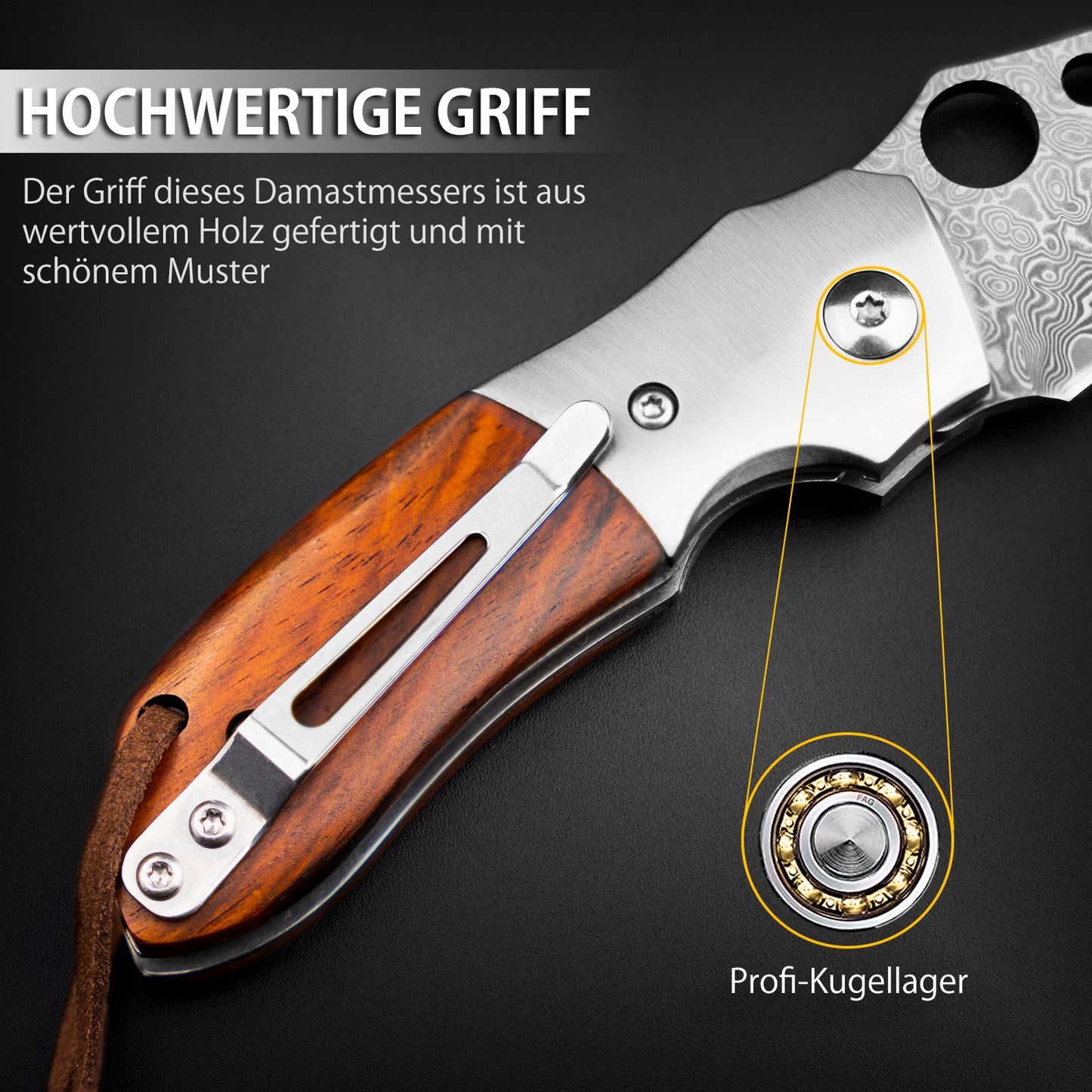 NedFoss PARROT Damast Taschenmesser, Damast     Klappmesser, EDC Messer aus Damaststahl und Holzgriff, extra scharf