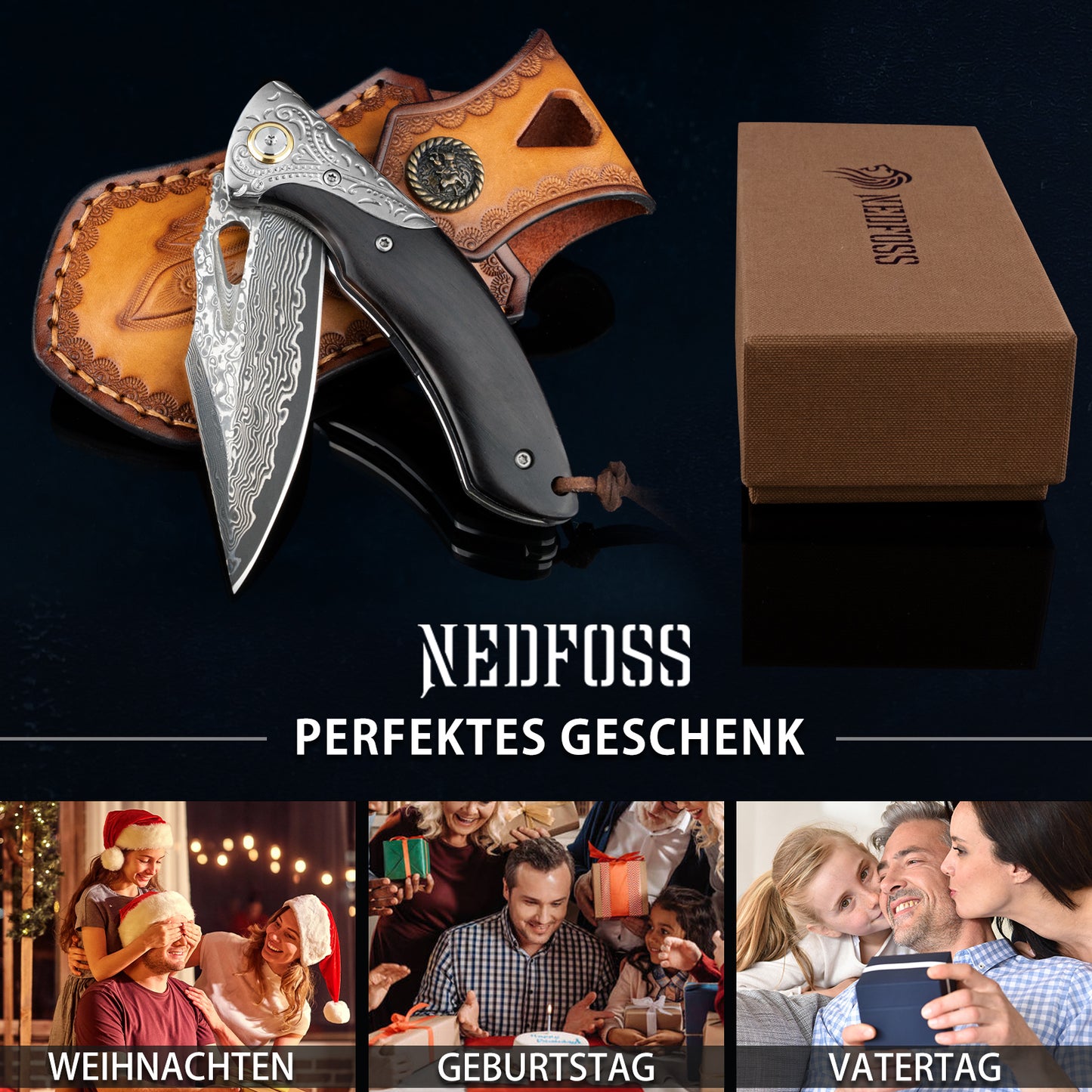 NedFoss GRIFFIN Damast Taschenmesser und Holzgriff, Damast Klappmesser mit Scheide, scharfes Jagdmesser, Geschenk Messer für Männer oder Frauen