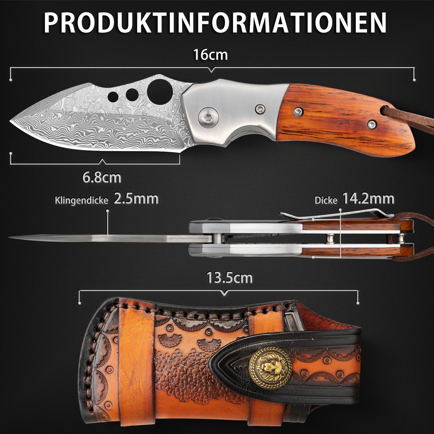 NedFoss PARROT Damast Taschenmesser, Damast     Klappmesser, EDC Messer aus Damaststahl und Holzgriff, extra scharf