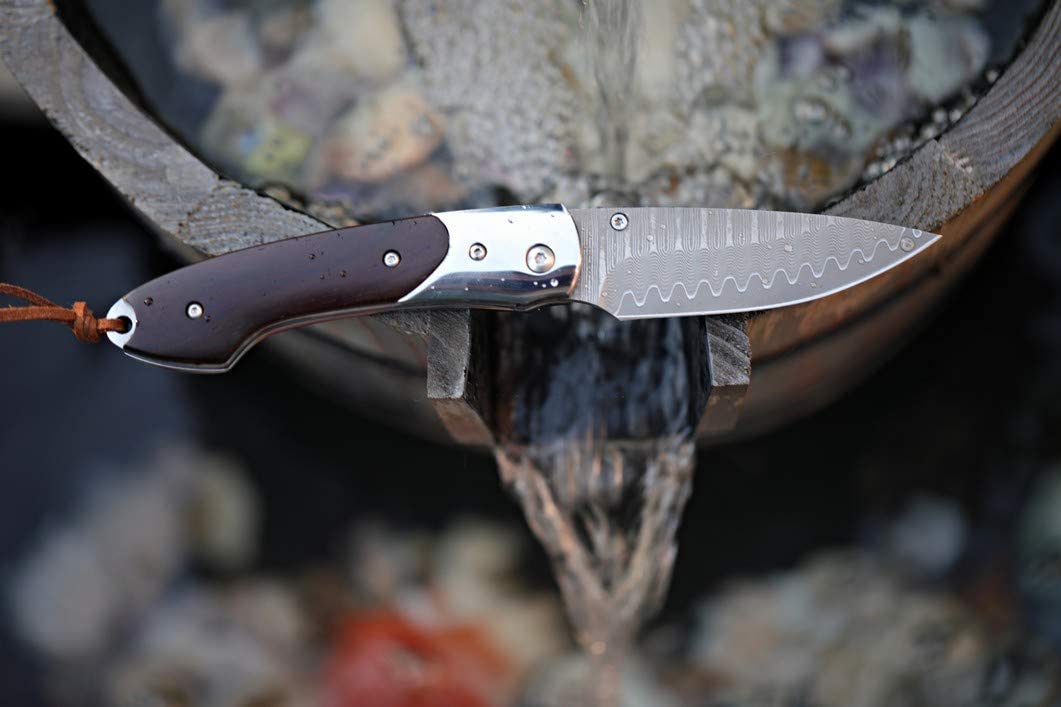 NedFoss SWORDFISH Damast Taschenmesser, Damastmesser Klappmesser mit Exquisit leder Holster
