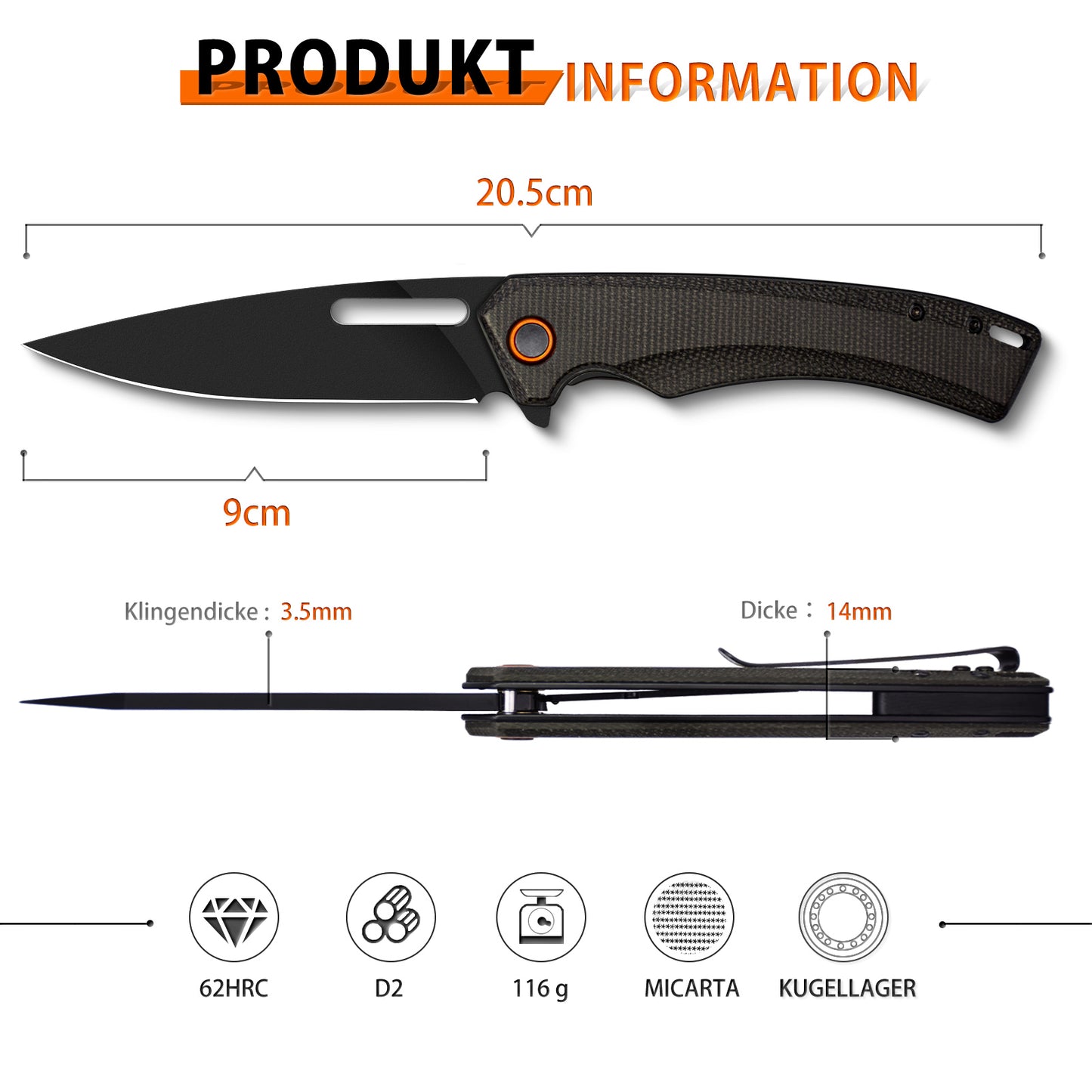 NedFoss BLACK MAMBA Klappmesser, Sharf Taschenmesser aus 9cm D2 Stahl und Micarta Griff, Einhandmesser mit Gürtelclip