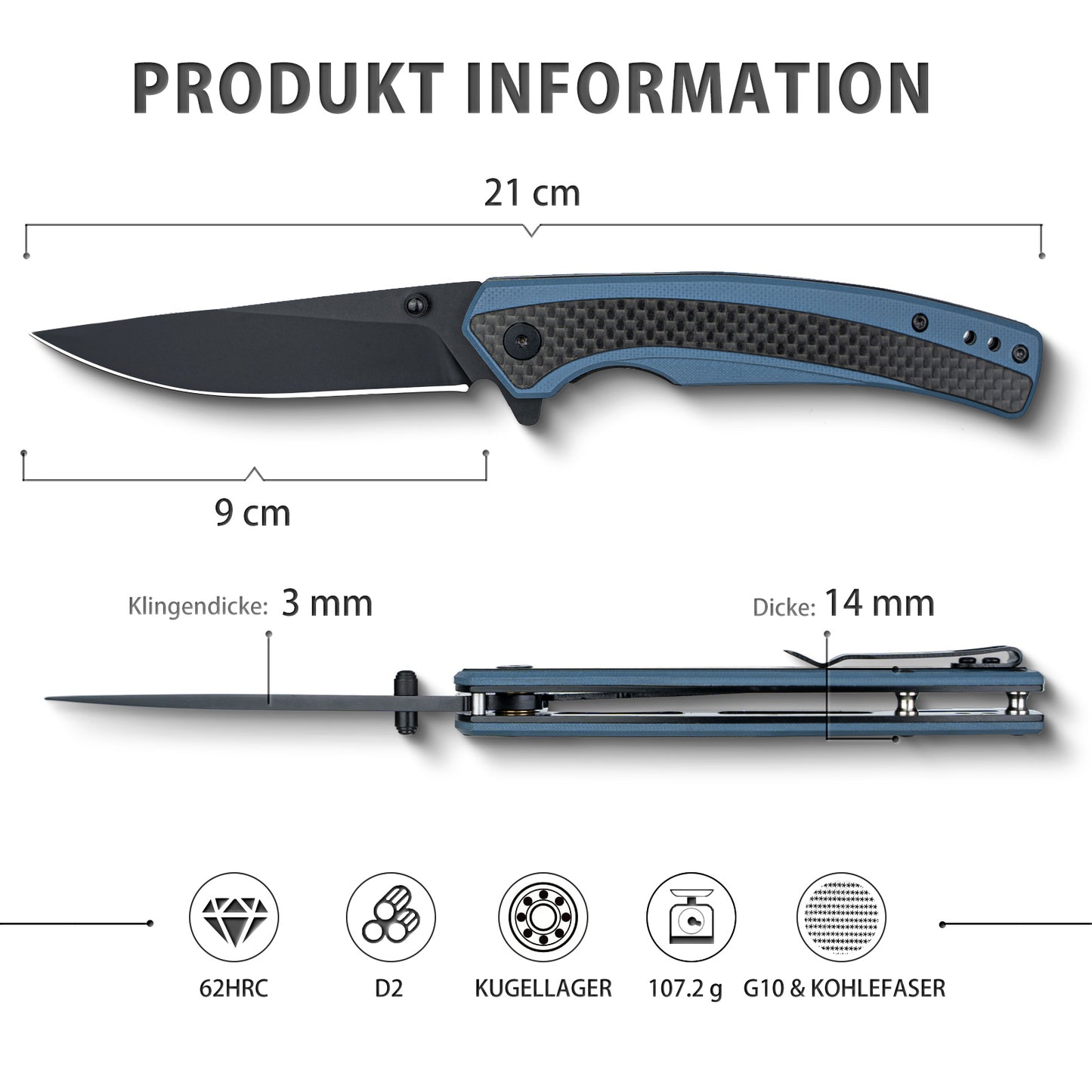 Nedfoss DOLPHIN Klappmesser, 9cm D2 Stahl Taschenmesser, scharf Klappmesser mit Kohlefaser Griff, Einhandmesser mit Gürtelclip