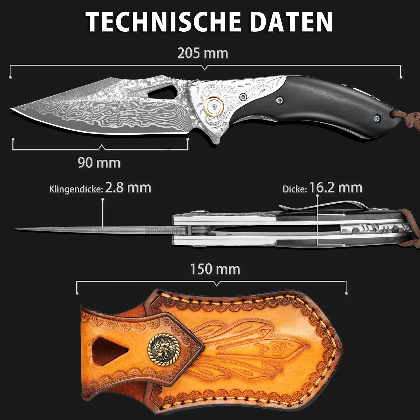 NedFoss GRIFFIN Damast Taschenmesser und Holzgriff, Damast Klappmesser mit Scheide, scharfes Jagdmesser, Geschenk Messer für Männer oder Frauen