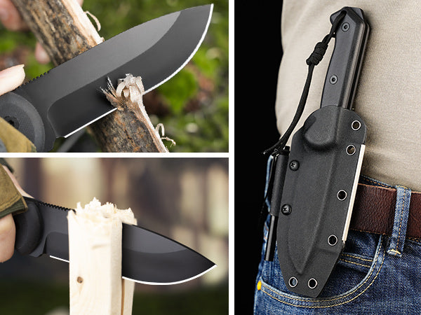 NedFoss BLACK SEAL Outdoor Messer, 10.5cm Full Tang Survival messer mit Feuerstahl und Schärfer, Messer Outdoor feststehend mit G10 Griff