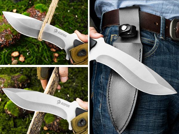 NedFoss BIG DOG Kukri Outdoor Messer mit Echtleder-Etui, Survial Jagdmesser aus einem stück Stahl gefertigt, Fahrtenmesser & Überlebensmesser mit Rutschfester G10 Griff, Schwarz