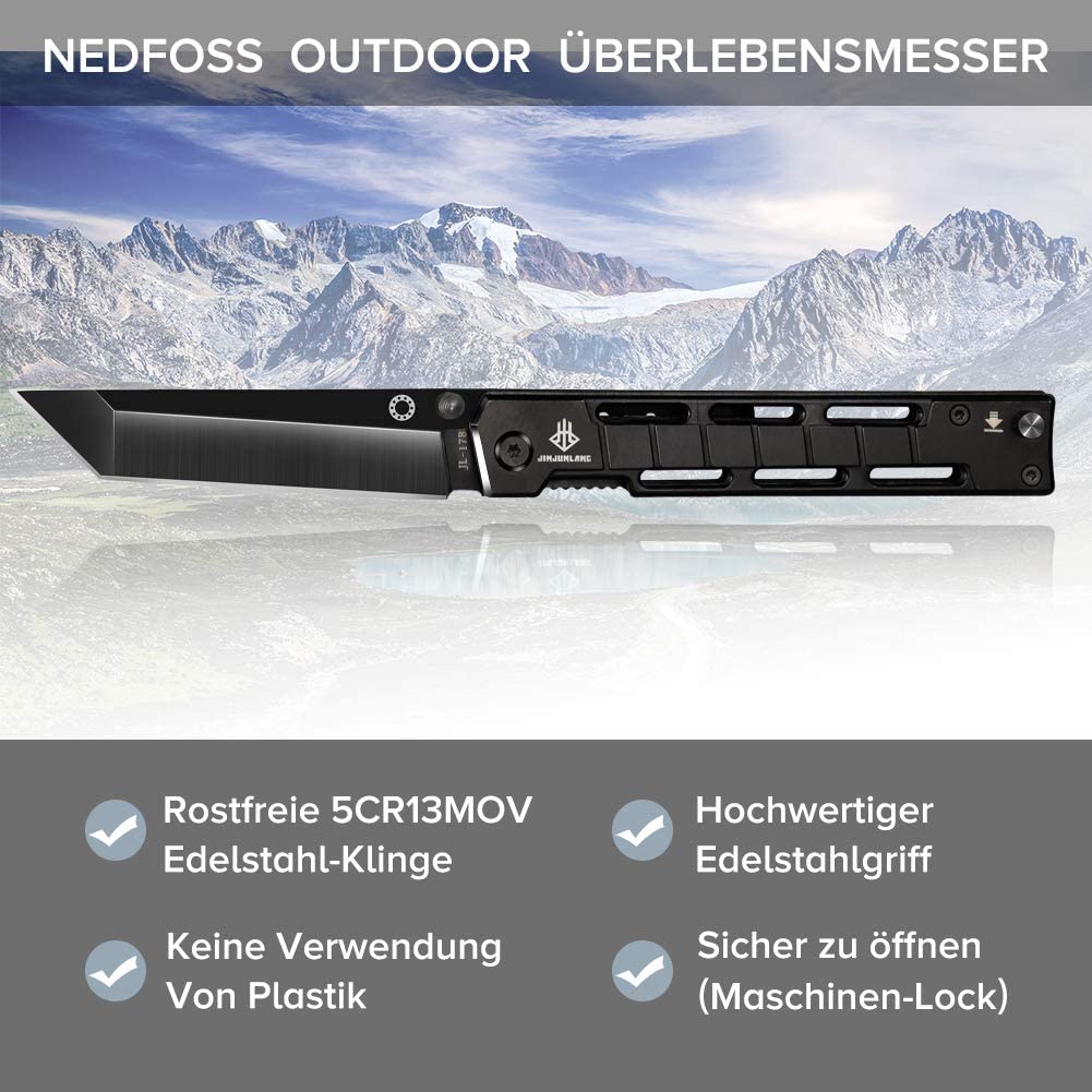 NedFoss DG-BK Tanto Klappmesser Einhandmesser mit Schleuder Outdoor Messer EDC Messer Folder, 8,5 cm Klingenlänge (Schwarz)