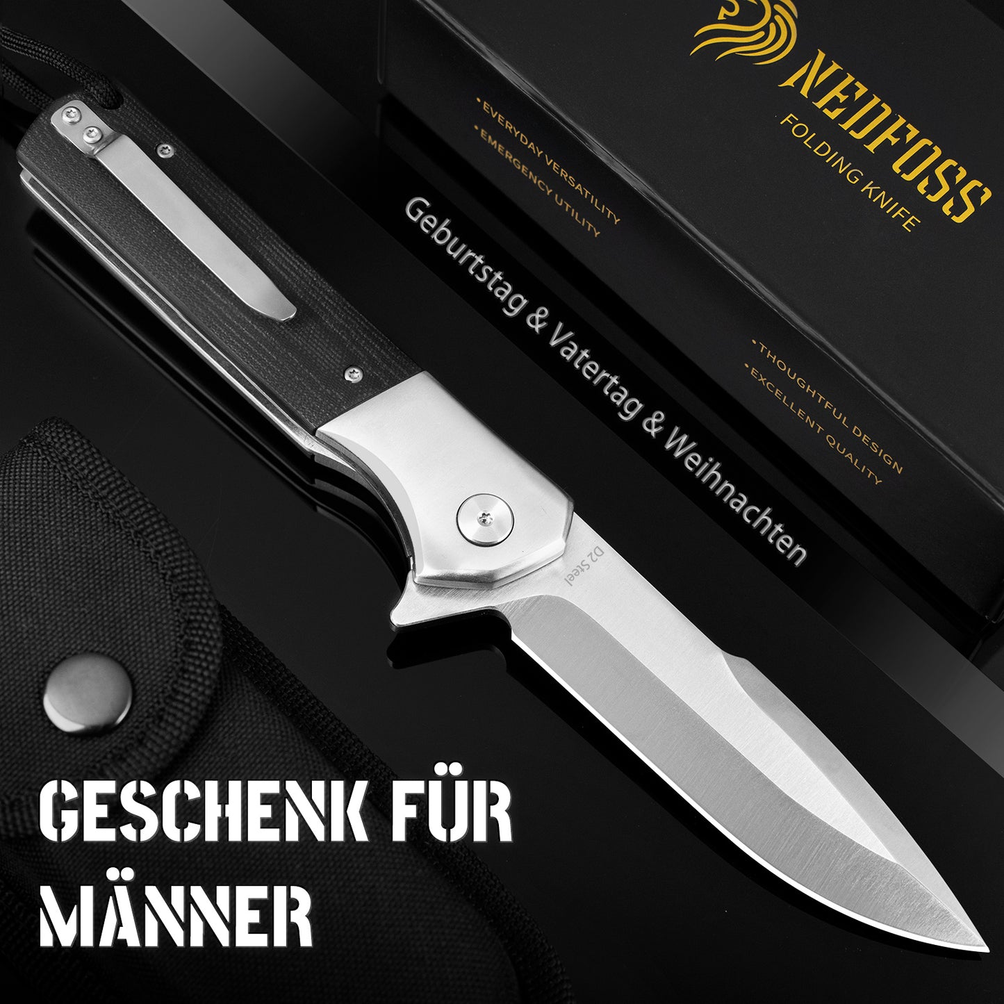 NedFoss BEAST Klappmesser, 10cm D2 Stahl Klinge, großes Taschenmesser, G10 Handle, Scharfes Einhandmesser mit Scheide