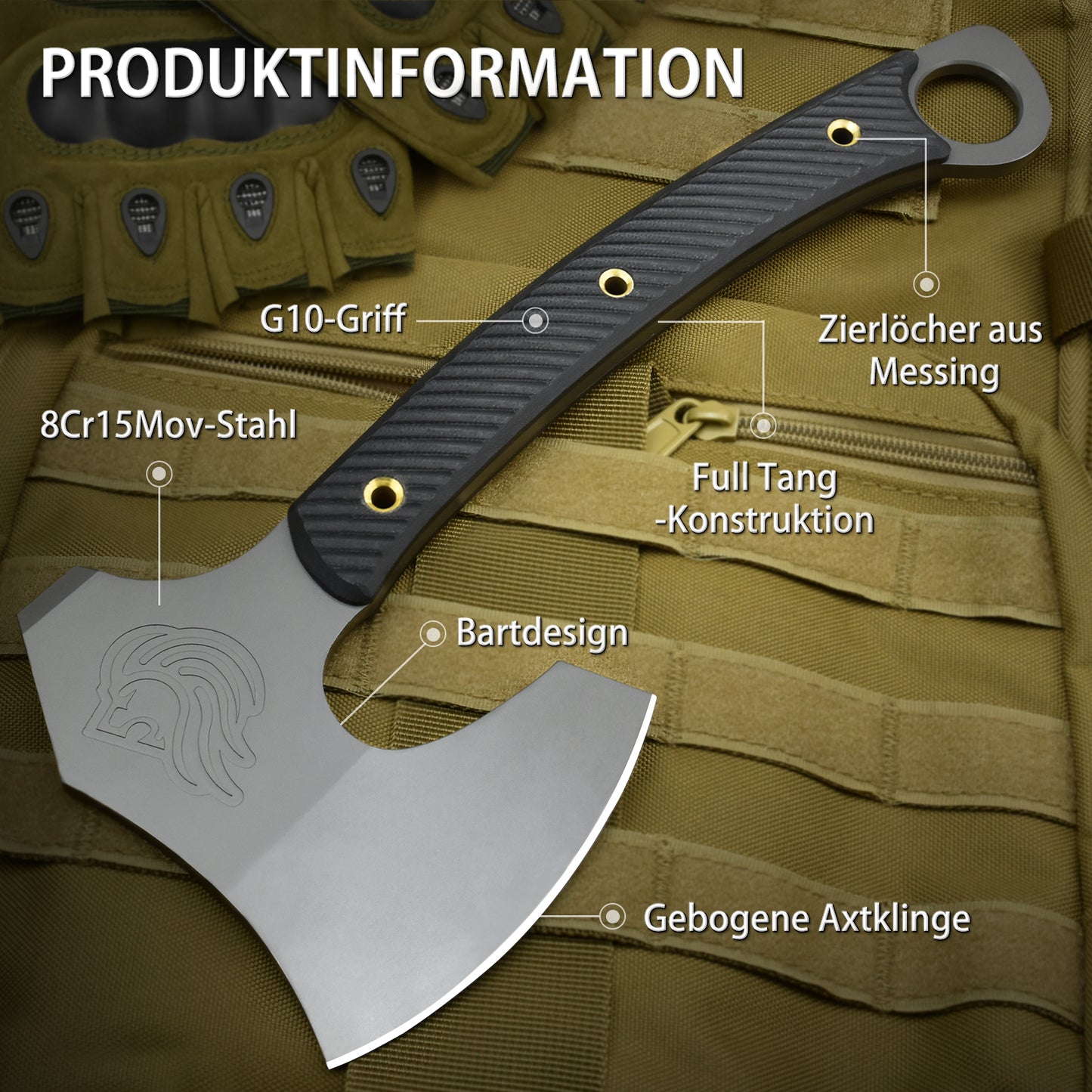 NedFoss VIKINGS Tomahawk, 31.5cm Full Tang Tactical Axt, Scharfe Wikinger Axt mit G10 Griff, Tomahawk Axt, Kampfaxt, Taktische Axt, Camping Axt, Axt Survival, Streitaxt, Bartaxt, Axt Wikinger mit Scheide