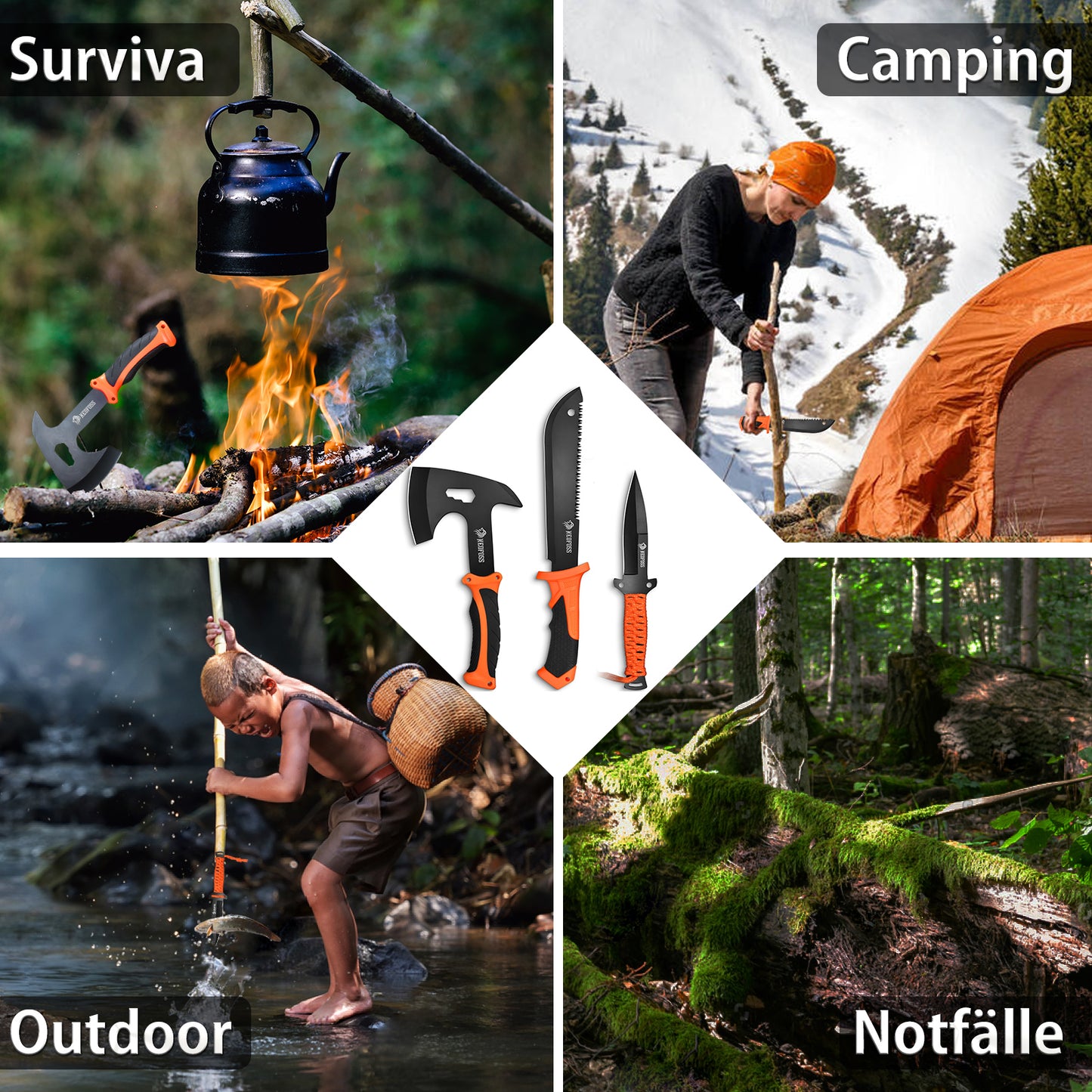 NedFoss JUNGLE AXES SET 3er Survival Outdoor Messer Set, Camping Messer Set inkl. Camping Axt & Outdoor Messer & Gürtelmesser