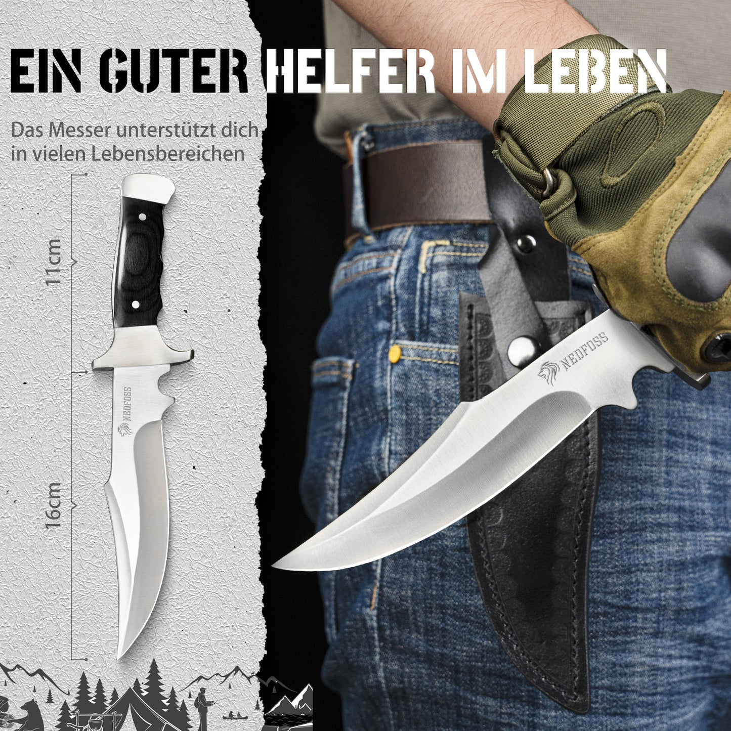 NedFoss TIGER Outdoor Messer, 16cm Jagdmesser, Camping Gürtelmesser, Bushcraft Messer