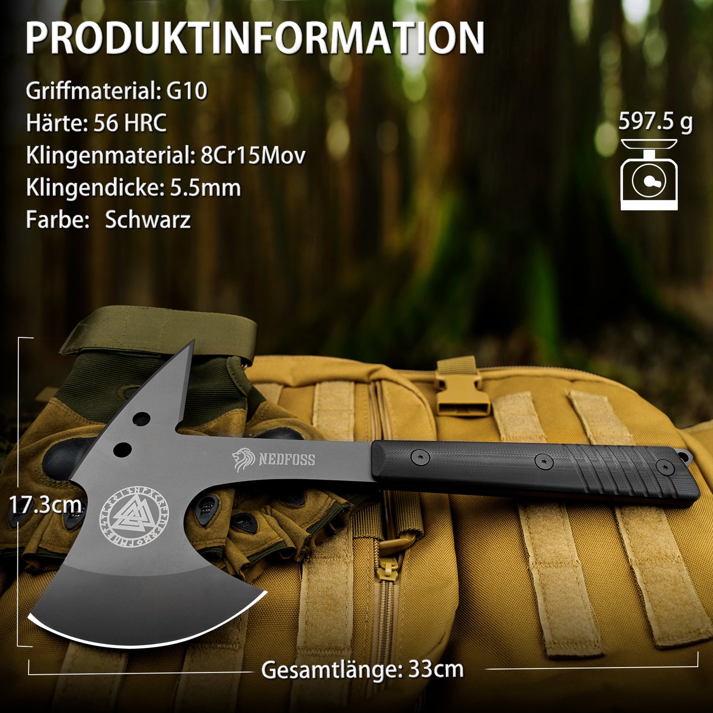 NedFoss EAGLE Tactical Axt, Scharfe Full Tang Outdoor Axt mit Scheide, Gute Buschausrüstung, Camping Axt mit G10 Griff, Bushcraft Axt