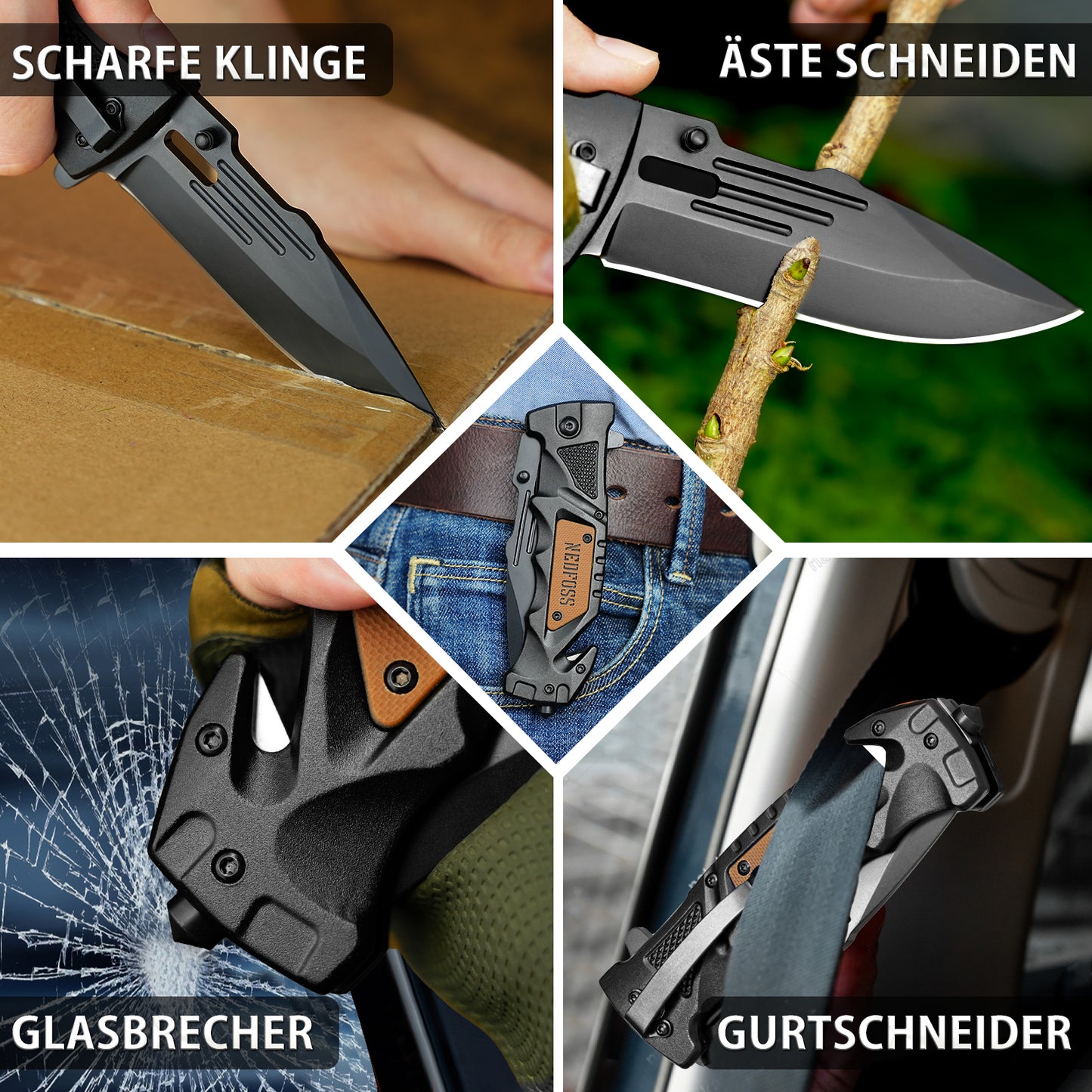 NedFoss DA75 Klappmesser - 3 IN 1 Taschenmesser mit Glasbrecher und Gurtschneider, Einhandmesser, Rettungsmesser, Überlebensmesser, Vielseitiges Survival Messer