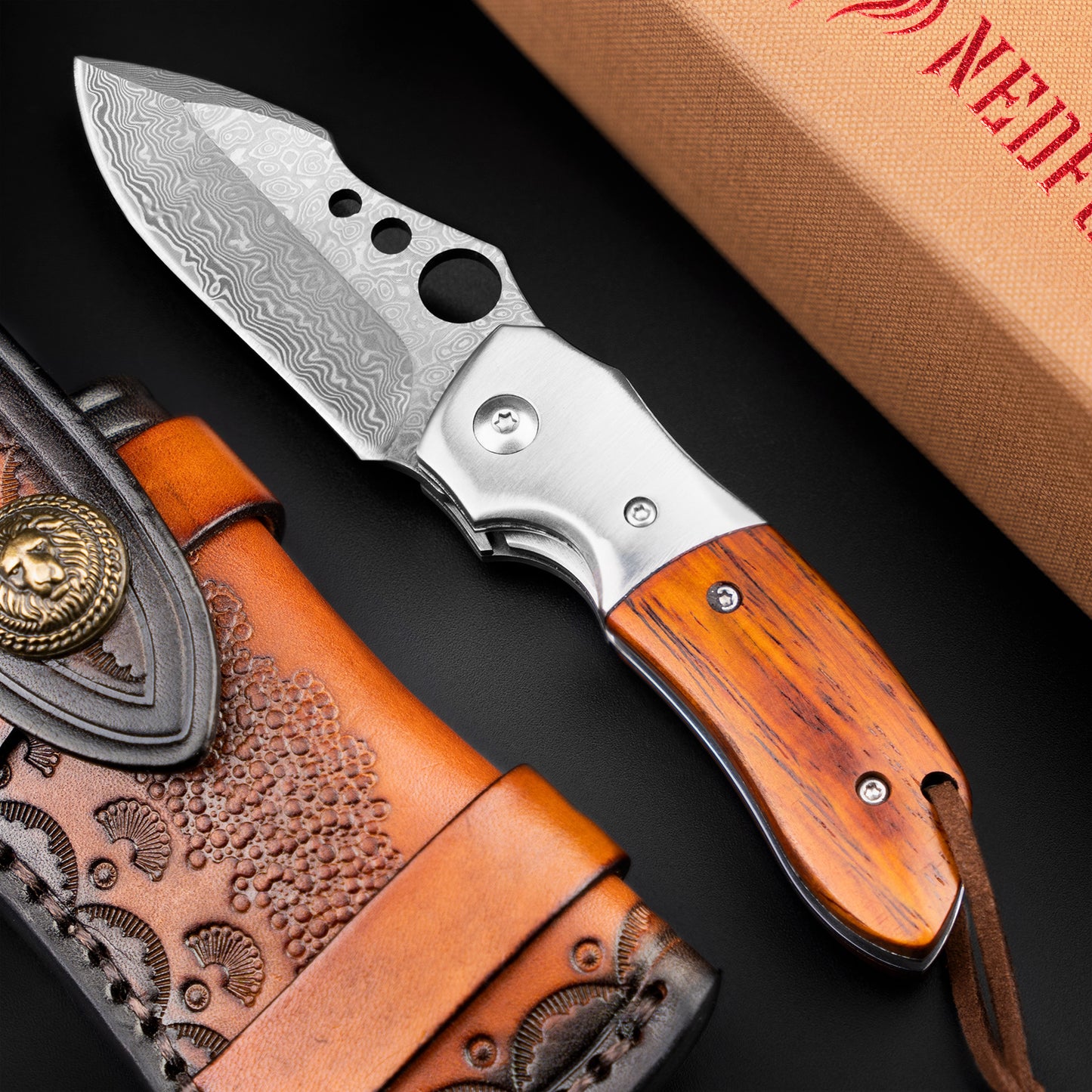 NedFoss PARROT Damast Taschenmesser, Damast     Klappmesser, EDC Messer aus Damaststahl und Holzgriff, extra scharf