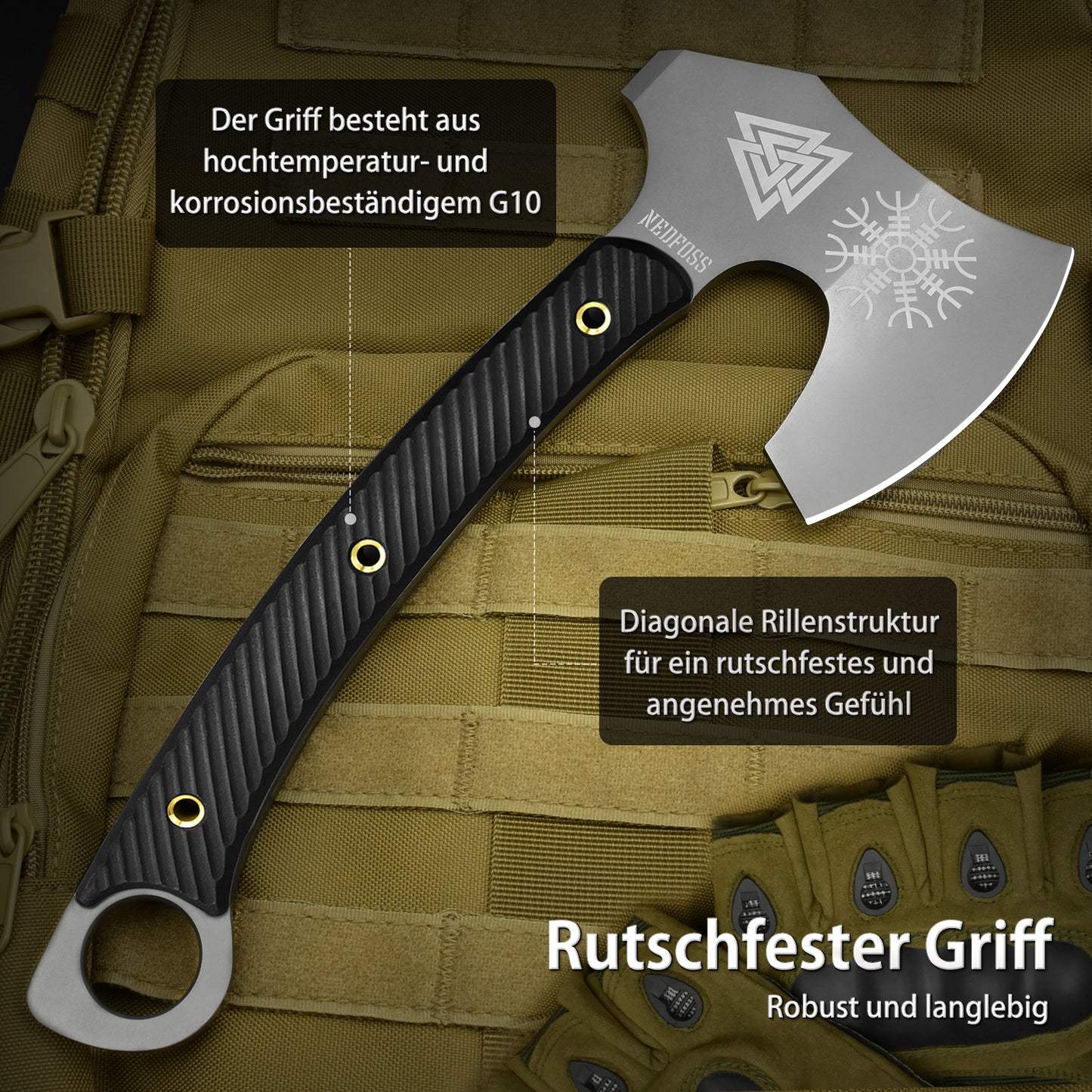 NedFoss VIKINGS Tomahawk, 31.5cm Full Tang Tactical Axt, Scharfe Wikinger Axt mit G10 Griff, Tomahawk Axt, Kampfaxt, Taktische Axt, Camping Axt, Axt Survival, Streitaxt, Bartaxt, Axt Wikinger mit Scheide