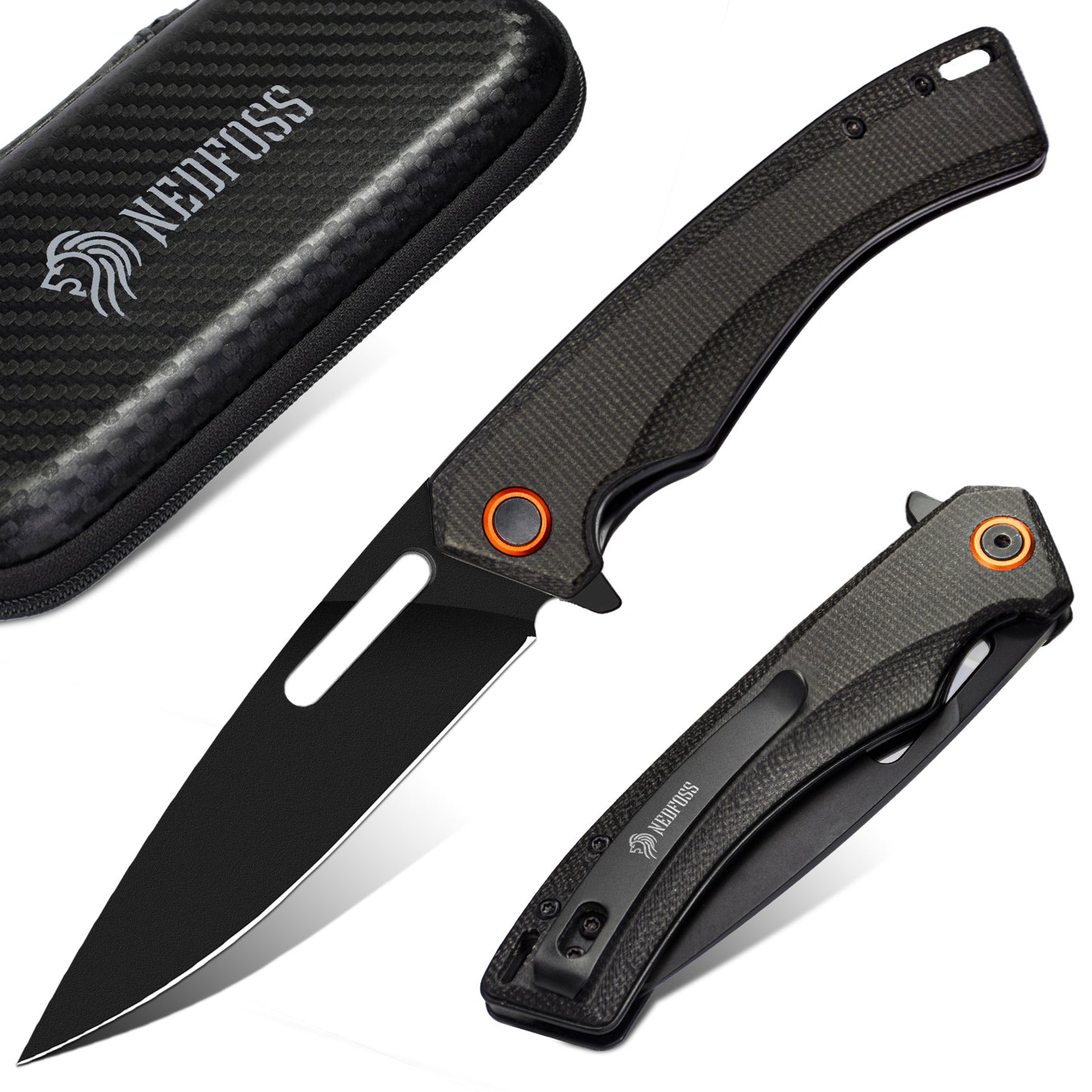 NedFoss BLACK MAMBA Klappmesser, Sharf Taschenmesser aus 9cm D2 Stahl und Micarta Griff, Einhandmesser mit Gürtelclip