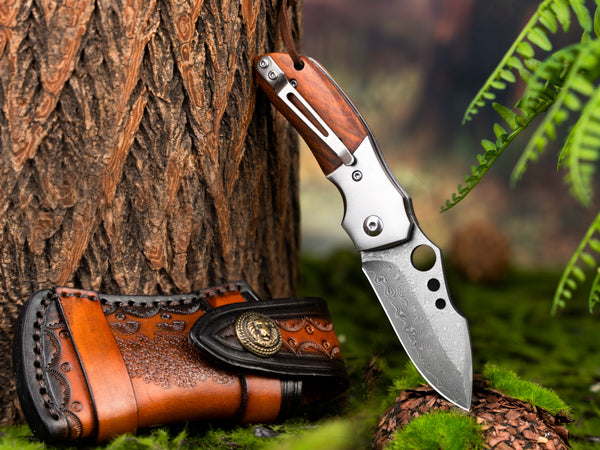NedFoss PARROT Damast Taschenmesser, Damast     Klappmesser, EDC Messer aus Damaststahl und Holzgriff, extra scharf