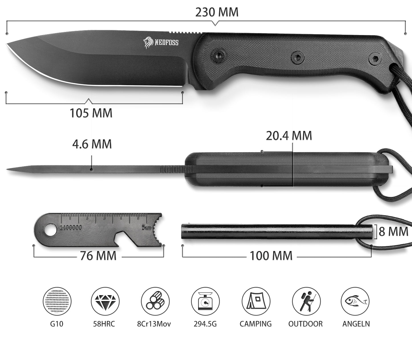 NedFoss BLACK SEAL Outdoor Messer, 10.5cm Full Tang Survival messer mit Feuerstahl und Schärfer, Messer Outdoor feststehend mit G10 Griff