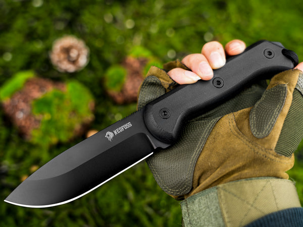 NedFoss BLACK SEAL Outdoor Messer, 10.5cm Full Tang Survival messer mit Feuerstahl und Schärfer, Messer Outdoor feststehend mit G10 Griff