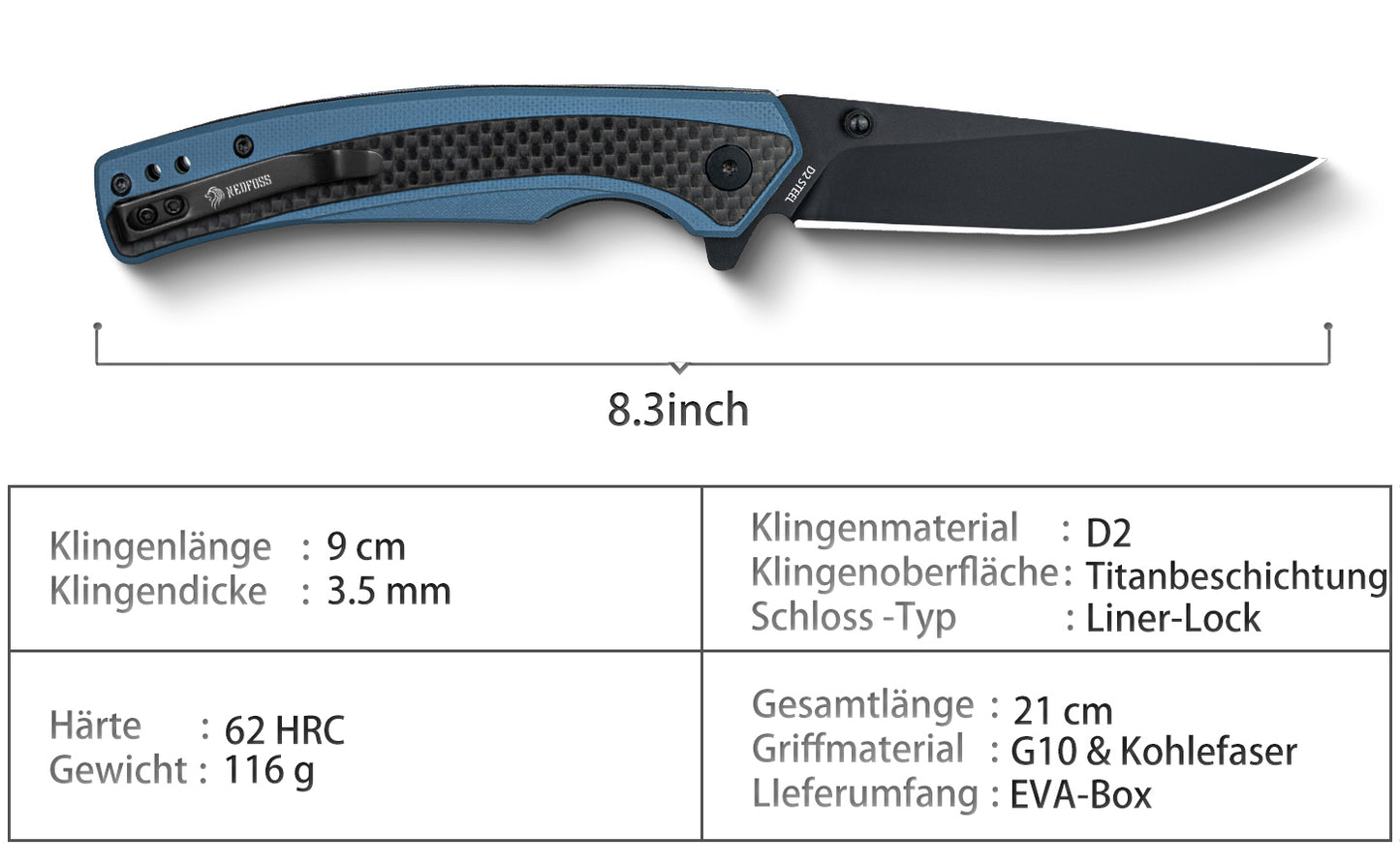 Nedfoss DOLPHIN Klappmesser, 9cm D2 Stahl Taschenmesser, scharf Klappmesser mit Kohlefaser Griff, Einhandmesser mit Gürtelclip