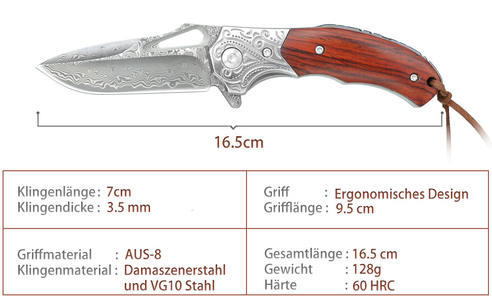 Nedfoss TIGER SHARK Damast Taschenmesser, Damast Klappmesser mit Scheide, scharfes damast Einhandmesser mit Holzgriff, Vatertagsgeschenk