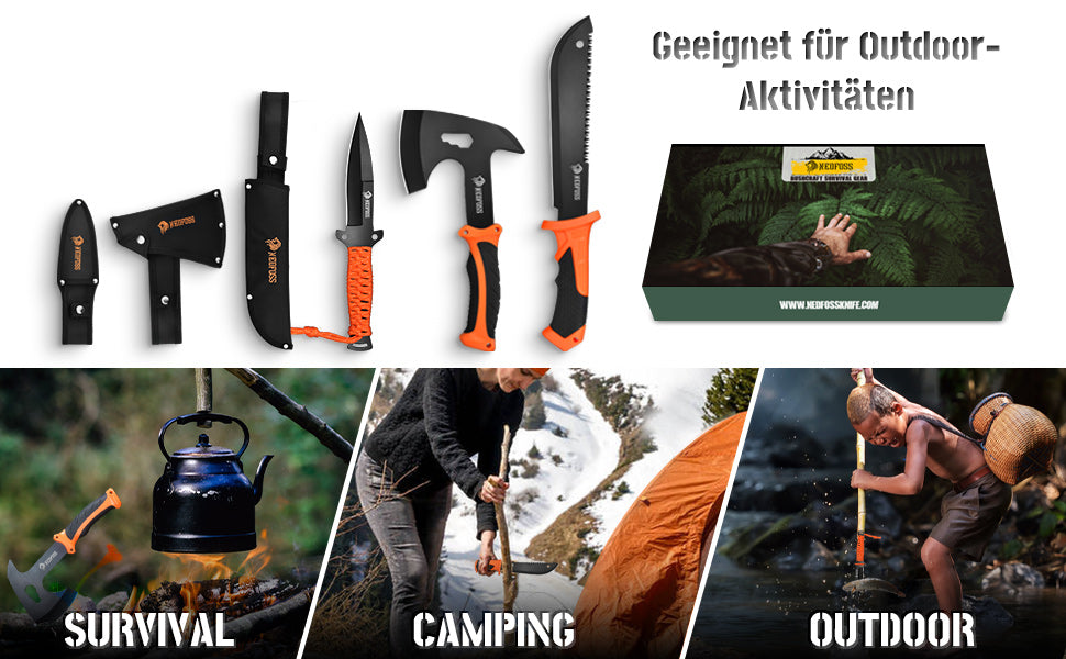 NedFoss JUNGLE AXES SET 3er Survival Outdoor Messer Set, Camping Messer Set inkl. Camping Axt & Outdoor Messer & Gürtelmesser