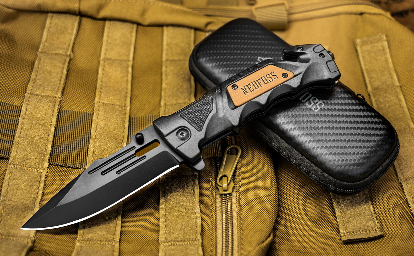 NedFoss DA75 Klappmesser - 3 IN 1 Taschenmesser mit Glasbrecher und Gurtschneider, Einhandmesser, Rettungsmesser, Überlebensmesser, Vielseitiges Survival Messer