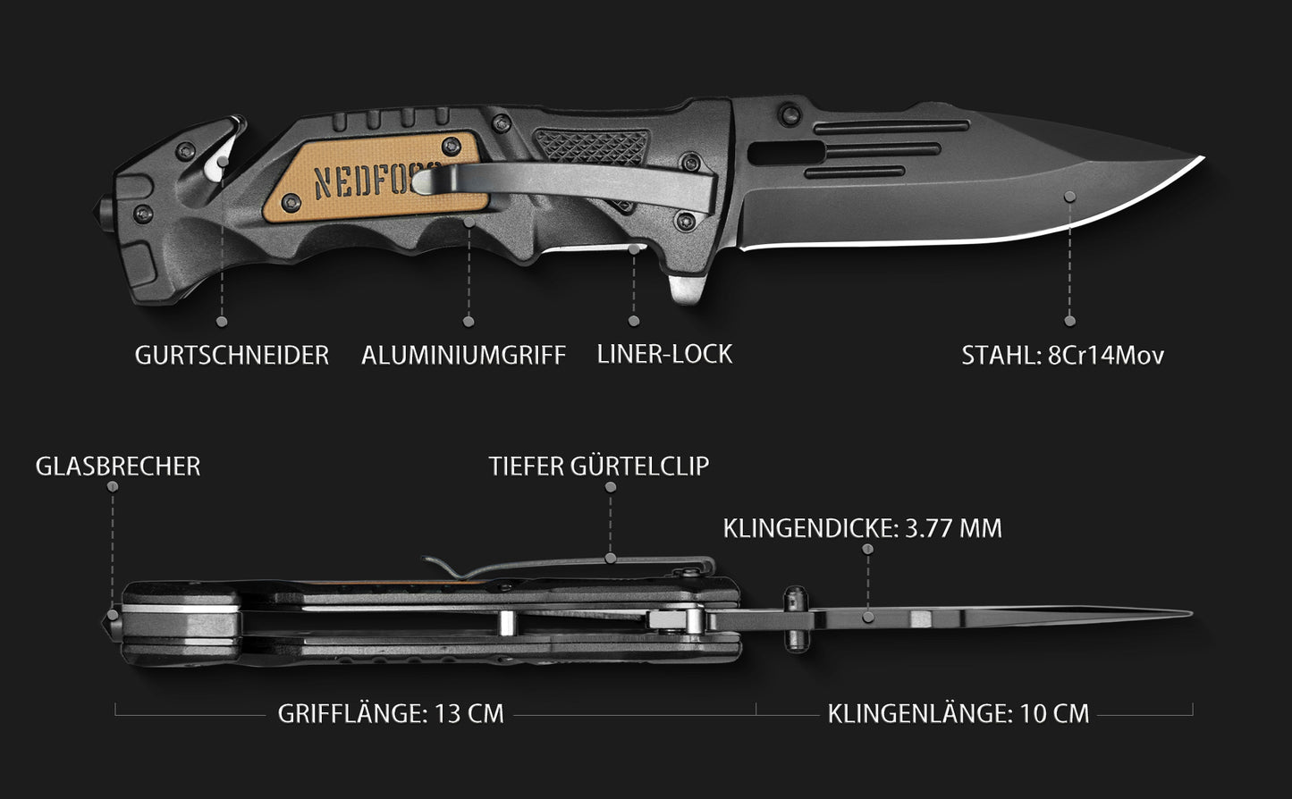 NedFoss DA75 Klappmesser - 3 IN 1 Taschenmesser mit Glasbrecher und Gurtschneider, Einhandmesser, Rettungsmesser, Überlebensmesser, Vielseitiges Survival Messer