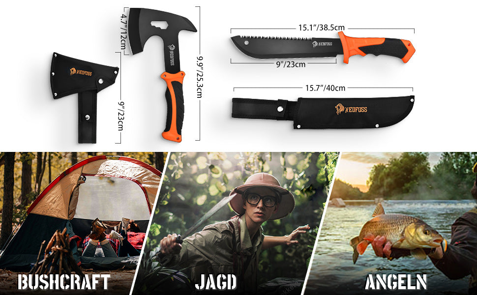 NedFoss JUNGLE AXES SET 2er Survival Outdoor Messer Set, Camping Messer Set inkl. Camping Axt & Outdoor Messer