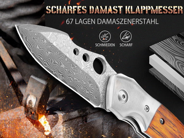 NedFoss PARROT Damast Taschenmesser, Damast     Klappmesser, EDC Messer aus Damaststahl und Holzgriff, extra scharf
