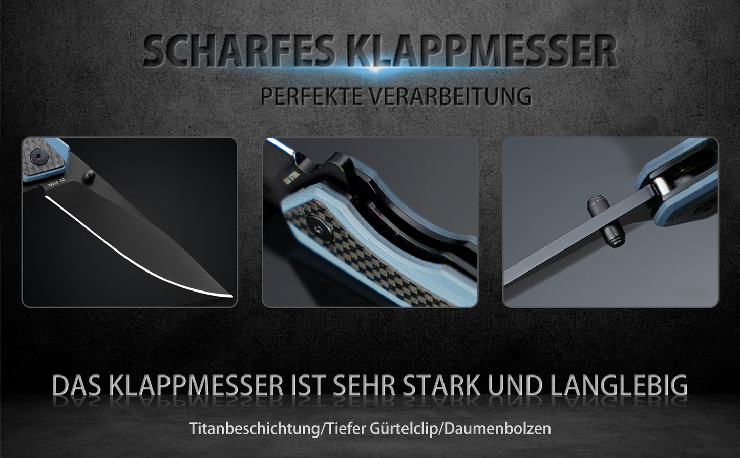 Nedfoss DOLPHIN Klappmesser, 9cm D2 Stahl Taschenmesser, scharf Klappmesser mit Kohlefaser Griff, Einhandmesser mit Gürtelclip