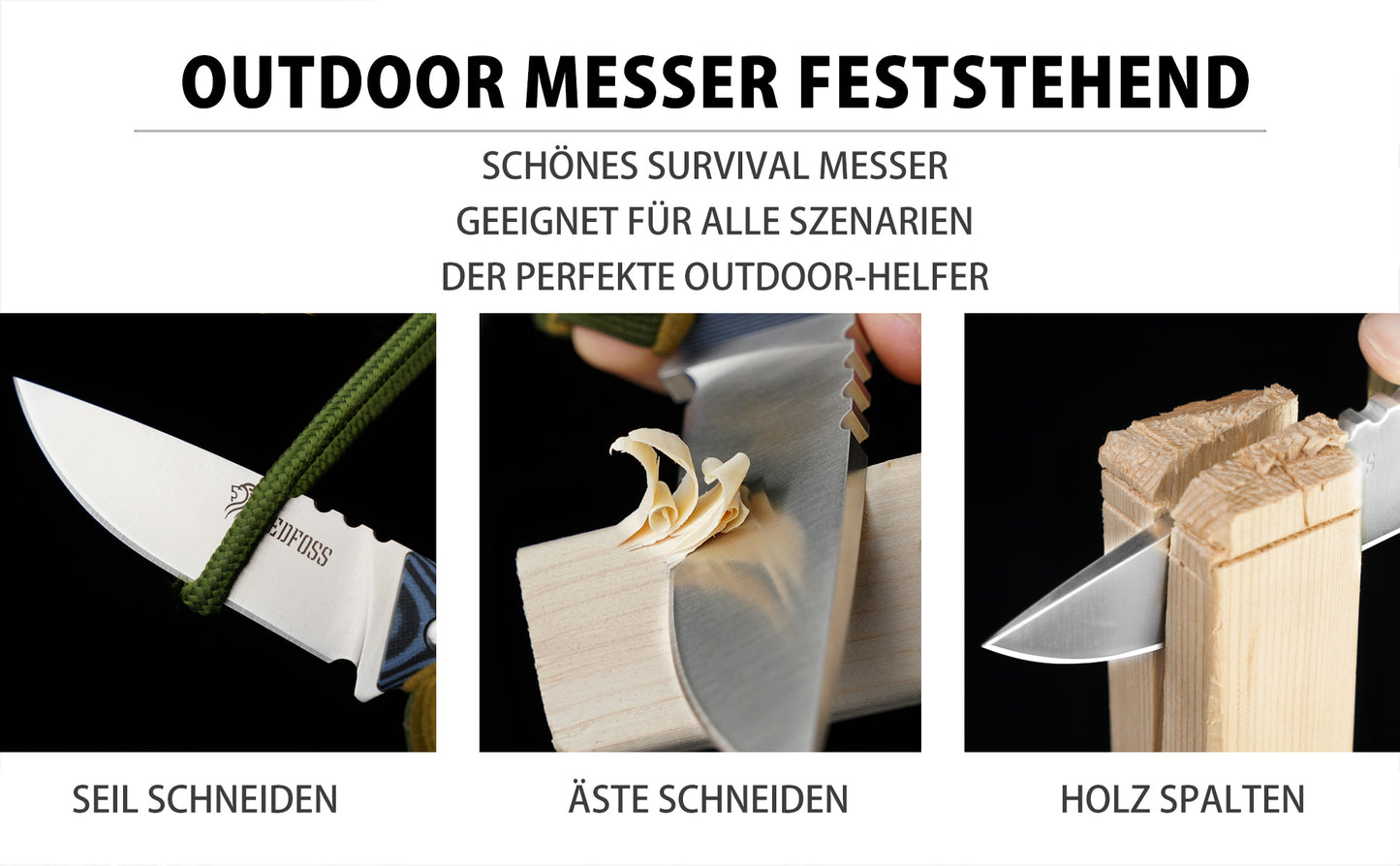 NedFoss HYENAS Outdoor Messer, 9cm Full tang Survival Messer mit Kydex Holster, scharfes Bushcraft Messer mit rutschfestem G10 Griff, Jagdmesser, Fahrtenmesser