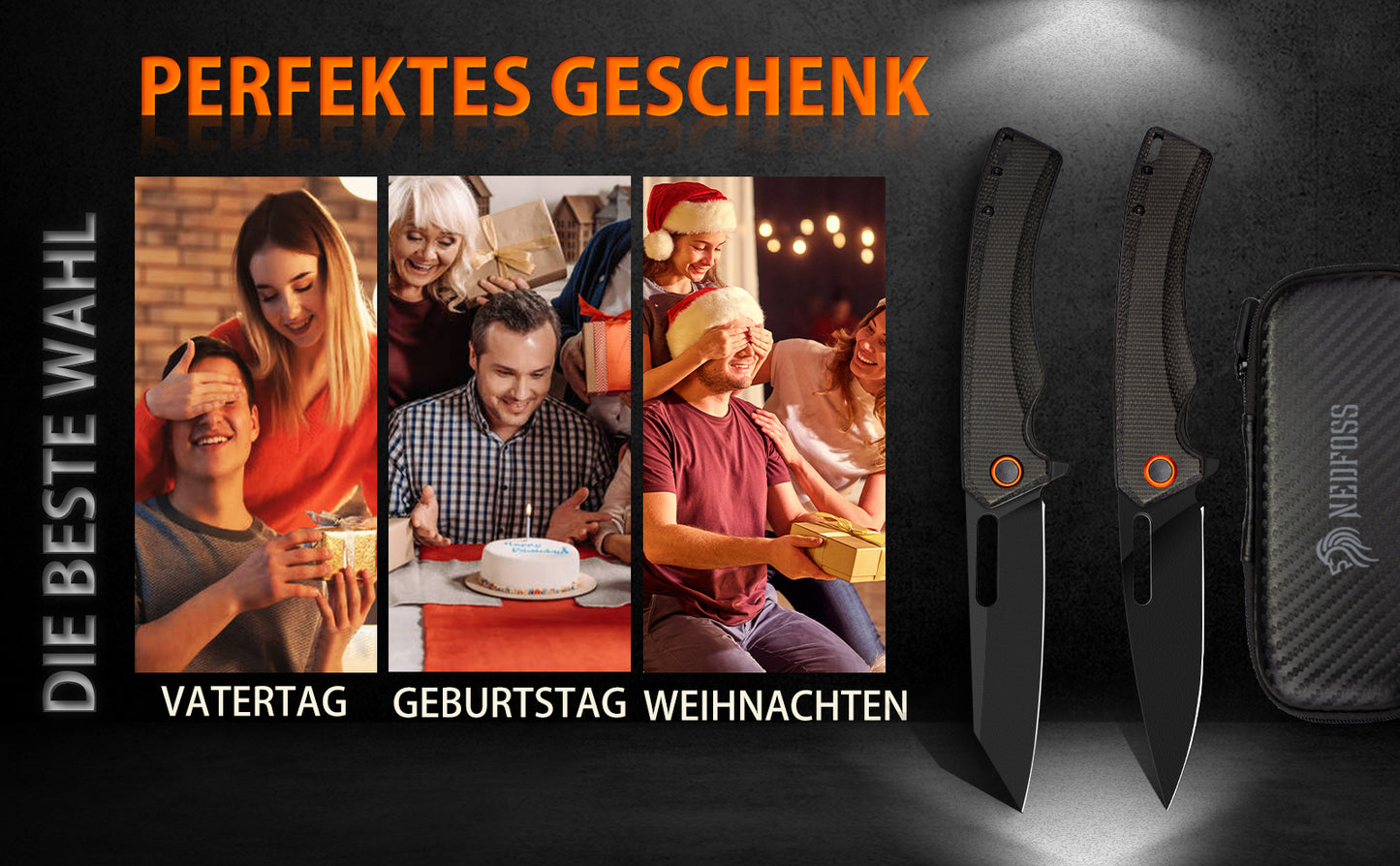 NedFoss BLACK MAMBA Klappmesser, Sharf Taschenmesser aus 9cm D2 Stahl und Micarta Griff, Einhandmesser mit Gürtelclip