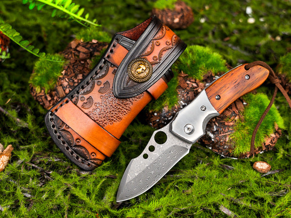 NedFoss PARROT Damast Taschenmesser, Damast     Klappmesser, EDC Messer aus Damaststahl und Holzgriff, extra scharf