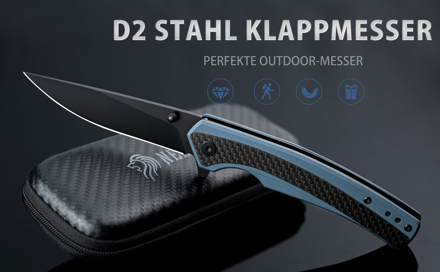 Nedfoss DOLPHIN Klappmesser, 9cm D2 Stahl Taschenmesser, scharf Klappmesser mit Kohlefaser Griff, Einhandmesser mit Gürtelclip