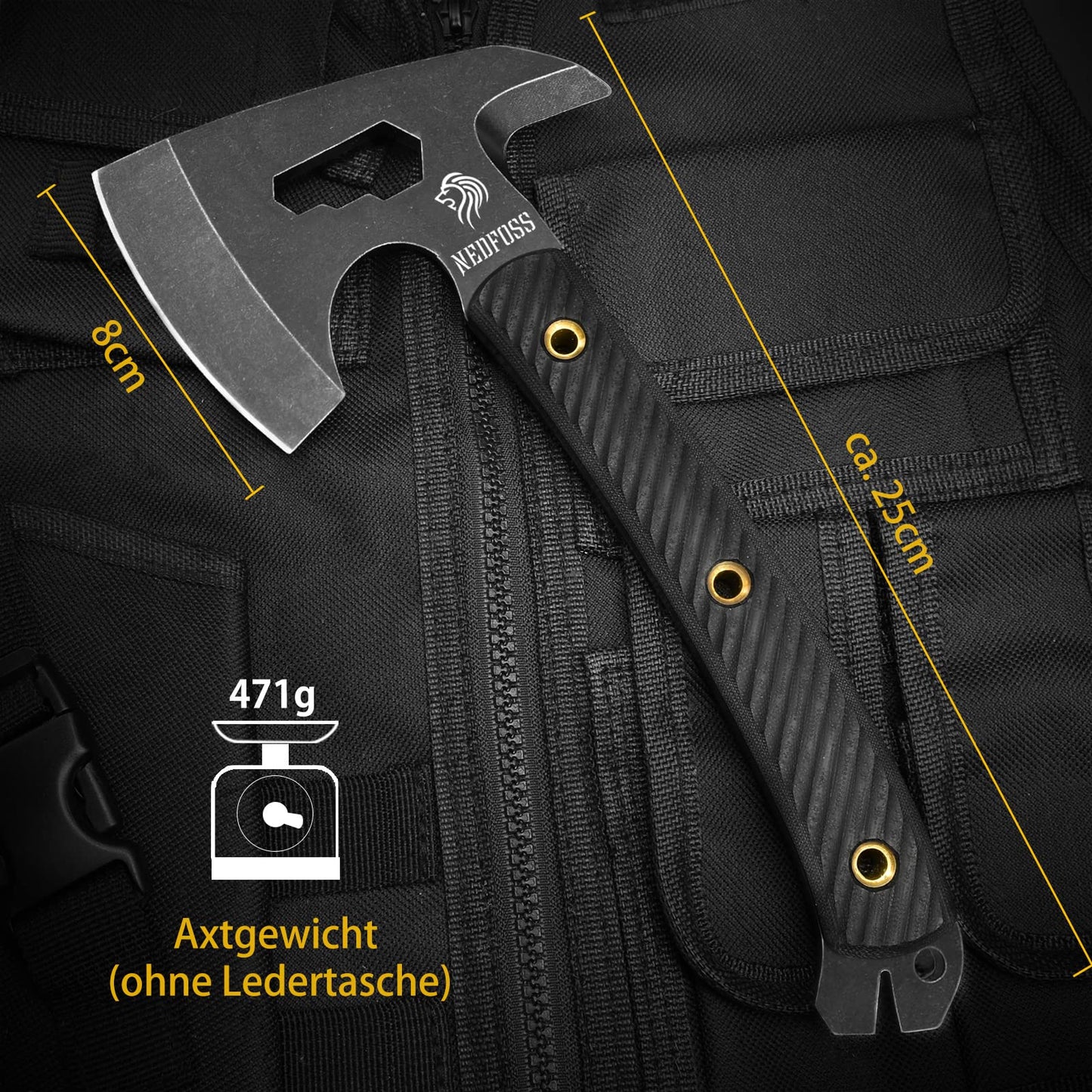 NedFoss BISON Tactical Axt, Scharfe Full Tang Outdoor Axt mit Scheide, Gute Buschausrüstung, Camping Axt mit G10 Griff