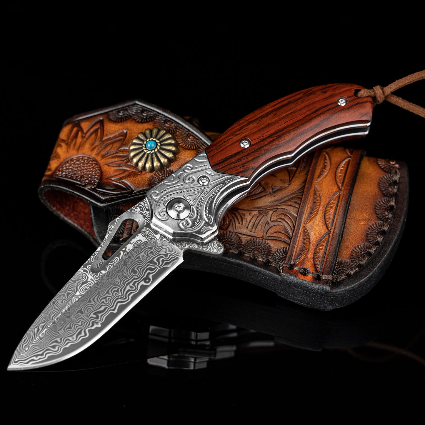 Nedfoss TIGER SHARK Damast Taschenmesser, Damast Klappmesser mit Scheide, scharfes damast Einhandmesser mit Holzgriff, Vatertagsgeschenk