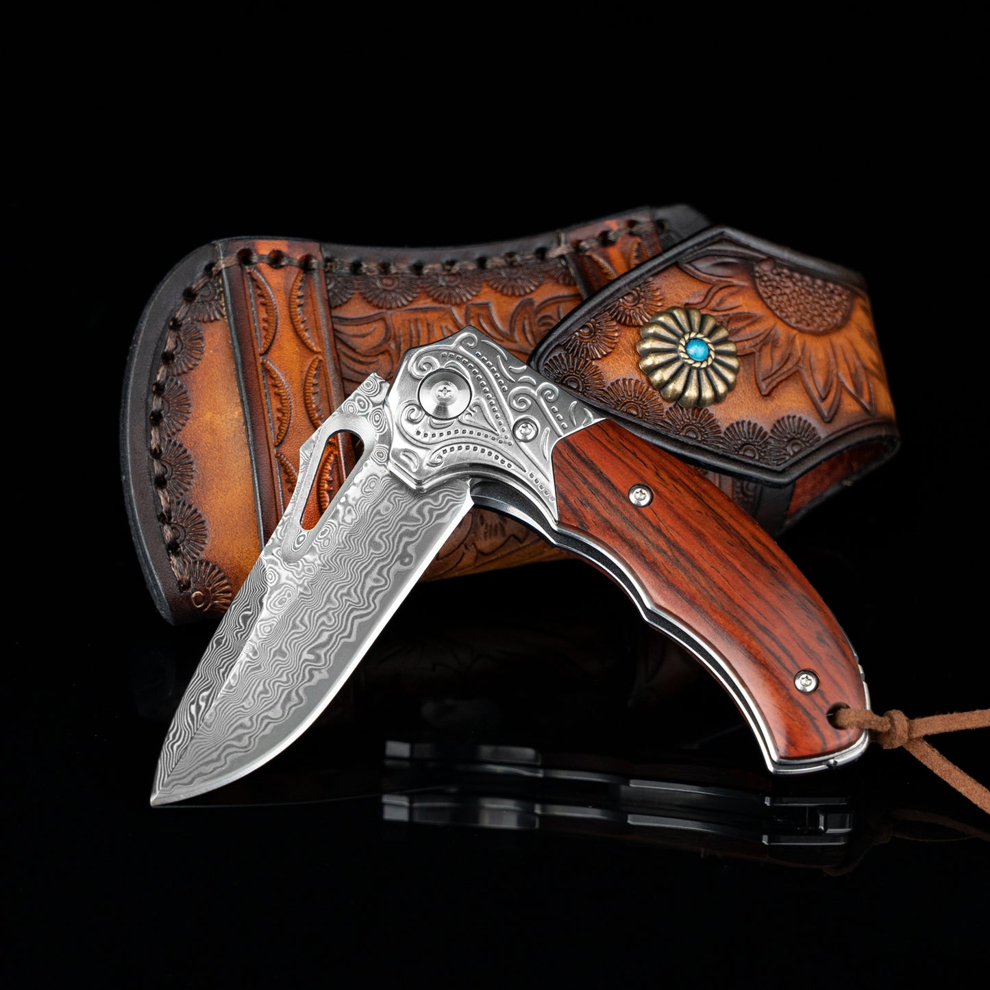 Nedfoss TIGER SHARK Damast Taschenmesser, Damast Klappmesser mit Scheide, scharfes damast Einhandmesser mit Holzgriff, Vatertagsgeschenk