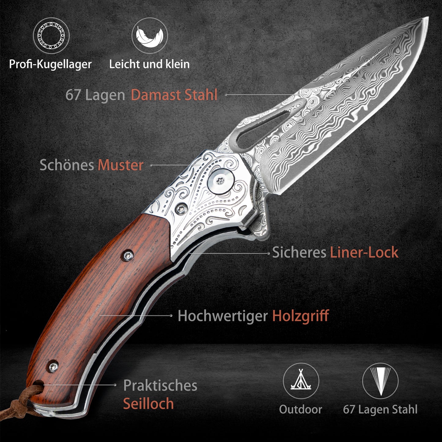 Nedfoss TIGER SHARK Damast Taschenmesser, Damast Klappmesser mit Scheide, scharfes damast Einhandmesser mit Holzgriff, Vatertagsgeschenk