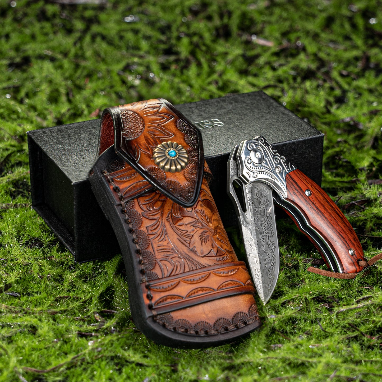 Nedfoss TIGER SHARK Damast Taschenmesser, Damast Klappmesser mit Scheide, scharfes damast Einhandmesser mit Holzgriff, Vatertagsgeschenk
