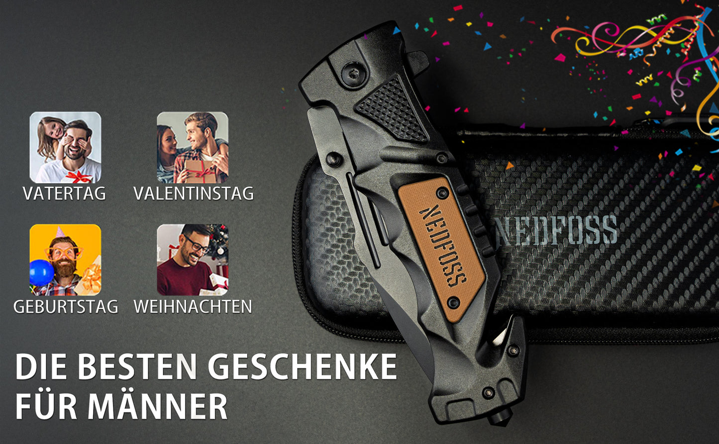 NedFoss DA75 Klappmesser - 3 IN 1 Taschenmesser mit Glasbrecher und Gurtschneider, Einhandmesser, Rettungsmesser, Überlebensmesser, Vielseitiges Survival Messer