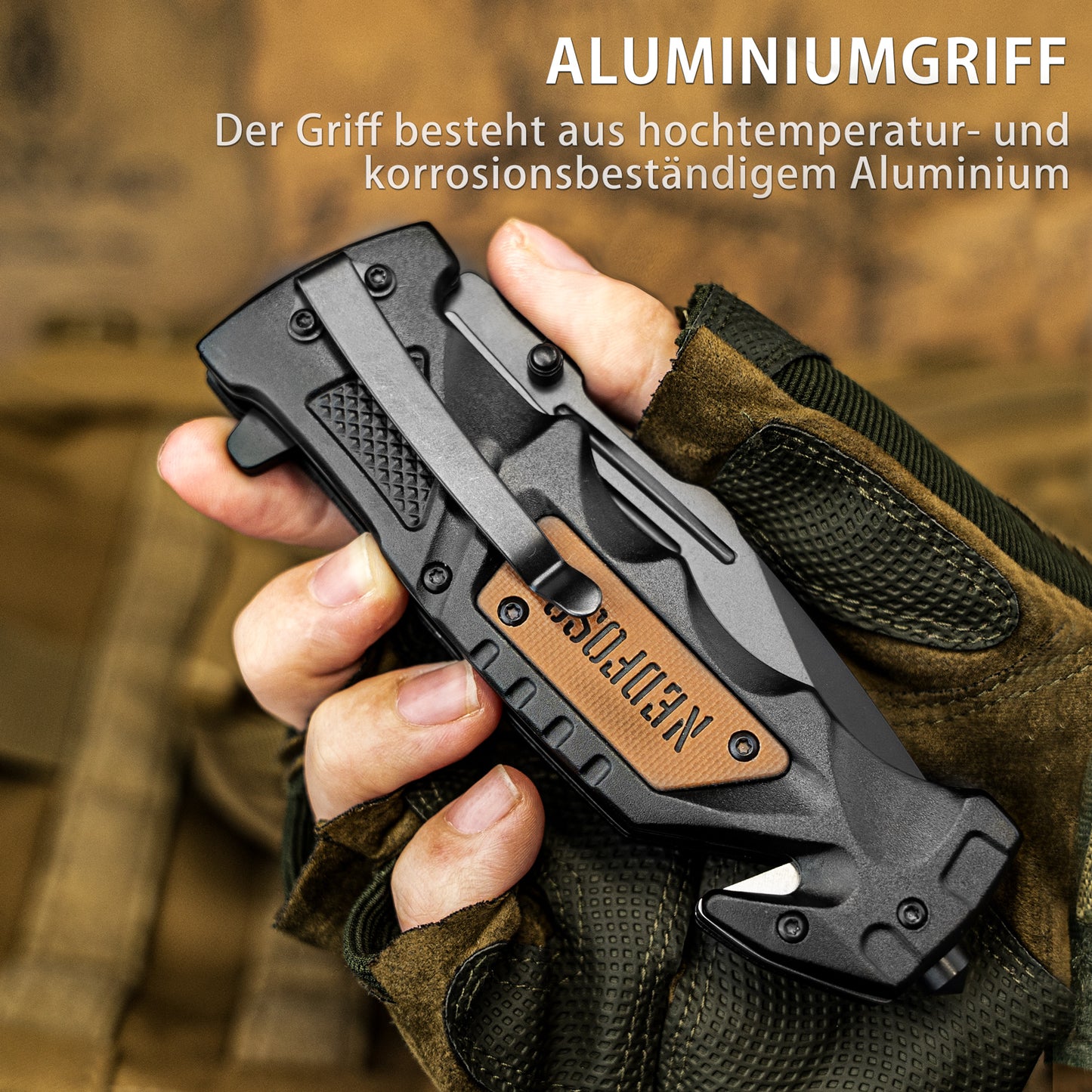 NedFoss DA75 Klappmesser - 3 IN 1 Taschenmesser mit Glasbrecher und Gurtschneider, Einhandmesser, Rettungsmesser, Überlebensmesser, Vielseitiges Survival Messer