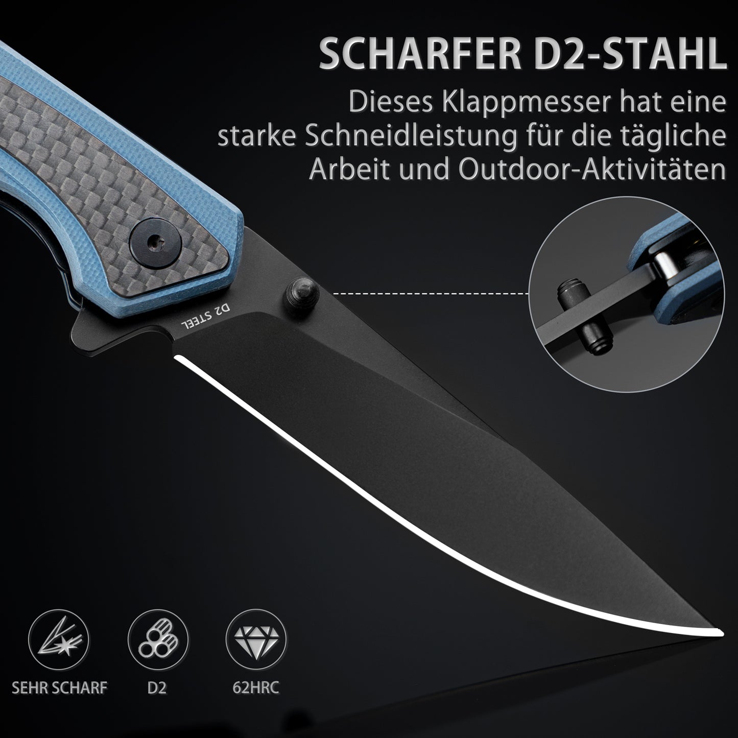 Nedfoss DOLPHIN Klappmesser, 9cm D2 Stahl Taschenmesser, scharf Klappmesser mit Kohlefaser Griff, Einhandmesser mit Gürtelclip