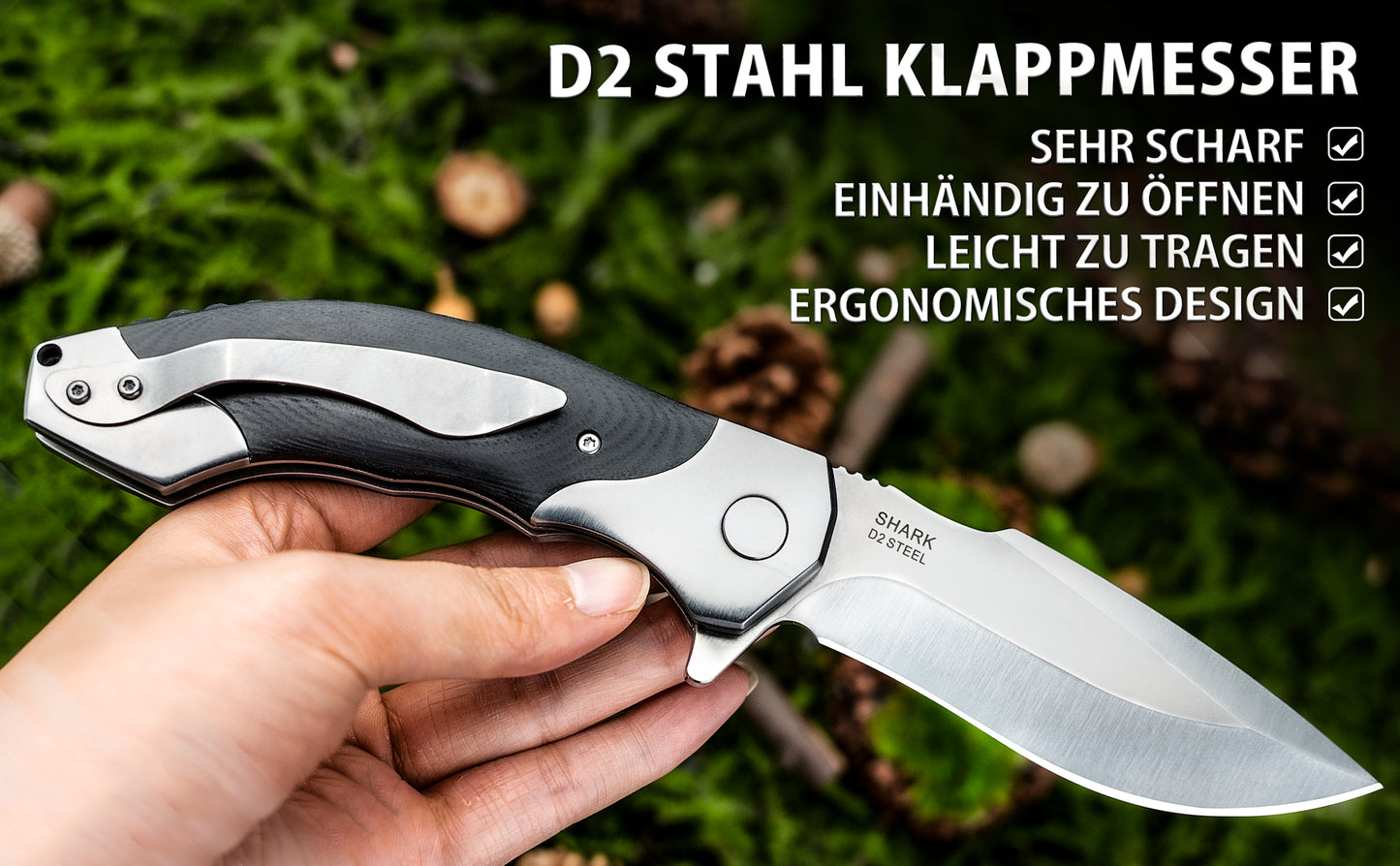 NedFoss SHARK Klappmesser, D2 Steel Taschenmesser, Einhandmeeser mit Messing Lager, Outdoor Taschenmesser mit Gürtelclip, Locking-Liner-Arretierung, Extra Scharf