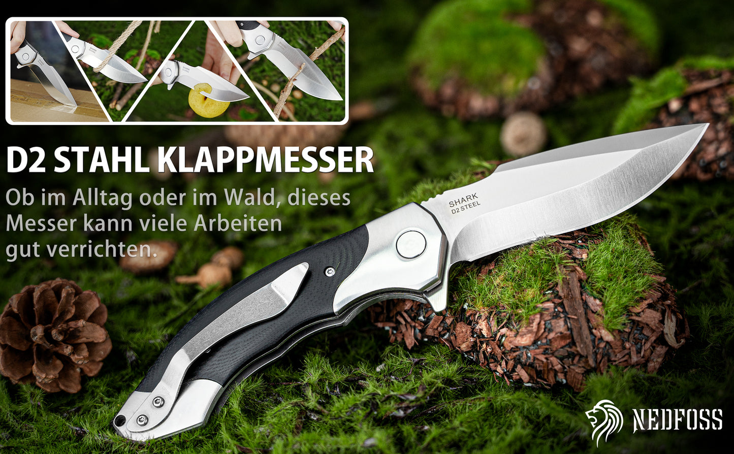 NedFoss SHARK Klappmesser, D2 Steel Taschenmesser, Einhandmeeser mit Messing Lager, Outdoor Taschenmesser mit Gürtelclip, Locking-Liner-Arretierung, Extra Scharf