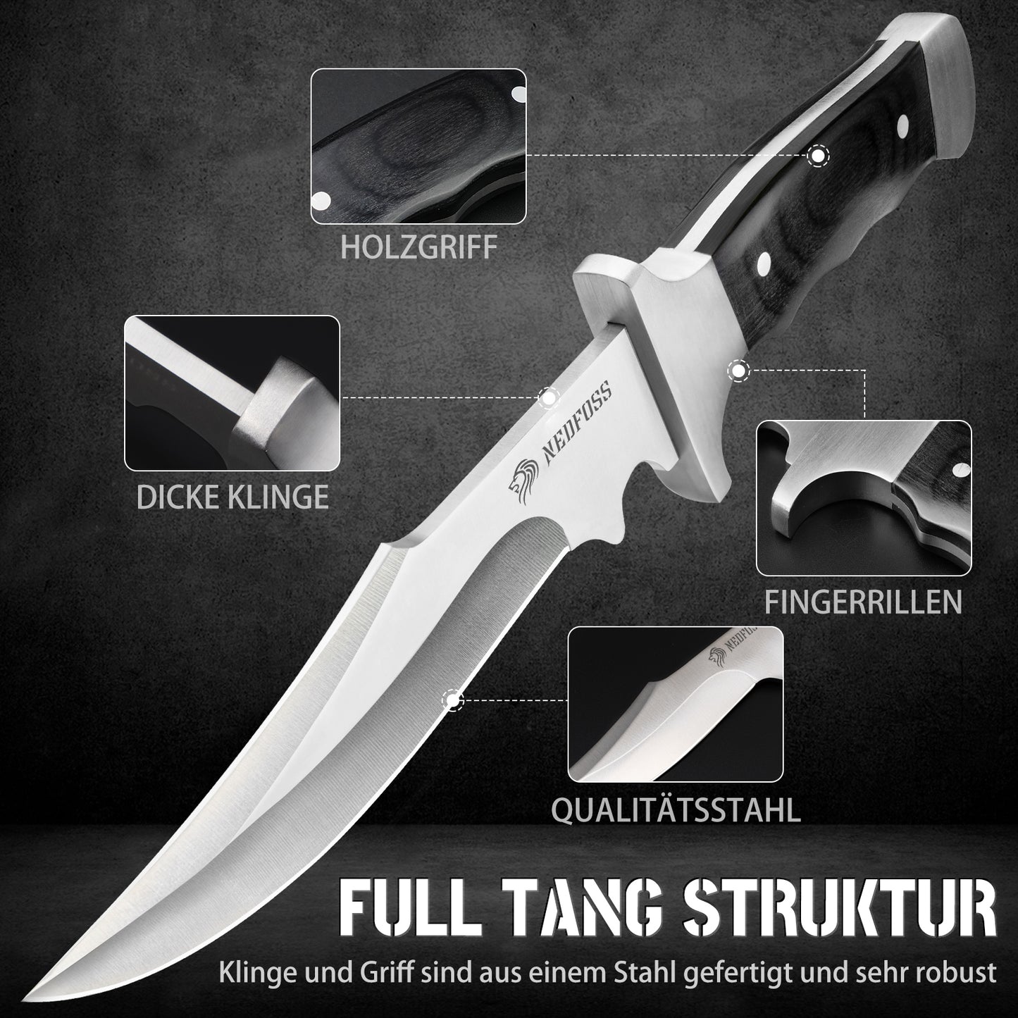 NedFoss TIGER Outdoor Messer, 16cm Jagdmesser, Camping Gürtelmesser, Bushcraft Messer